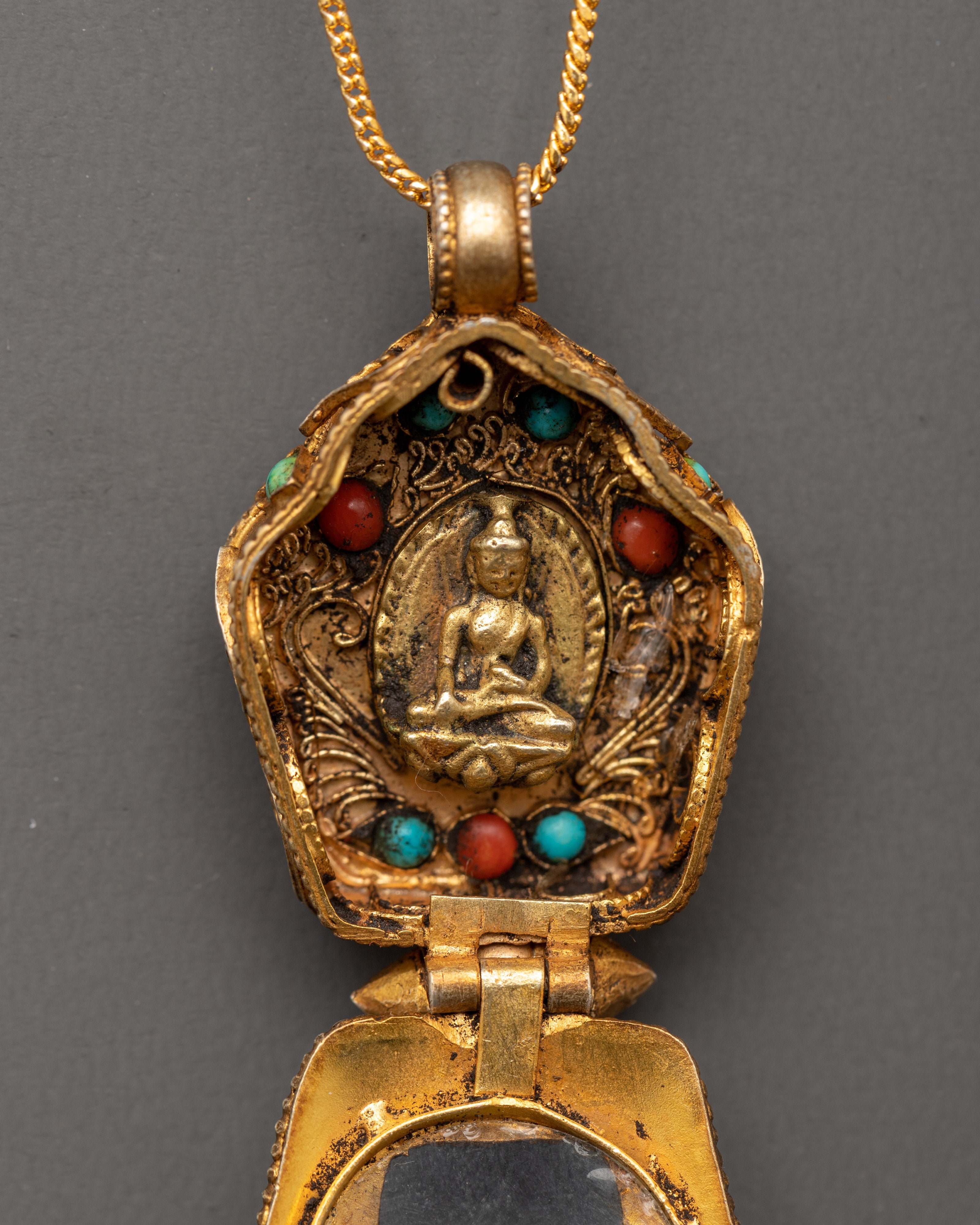 Ghau Box Locket with Shakyamuni Buddha | Tibetan Copper Prayer Box Amulet