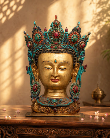 Golden Buddha Head Statue | Classic Decor for Yoga Studio or Personal Altar