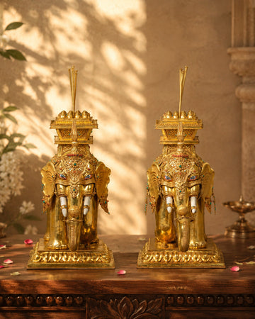 Tibetan Elephant Set Statue | Gold-Plated Brass Elephant Pair for Decor