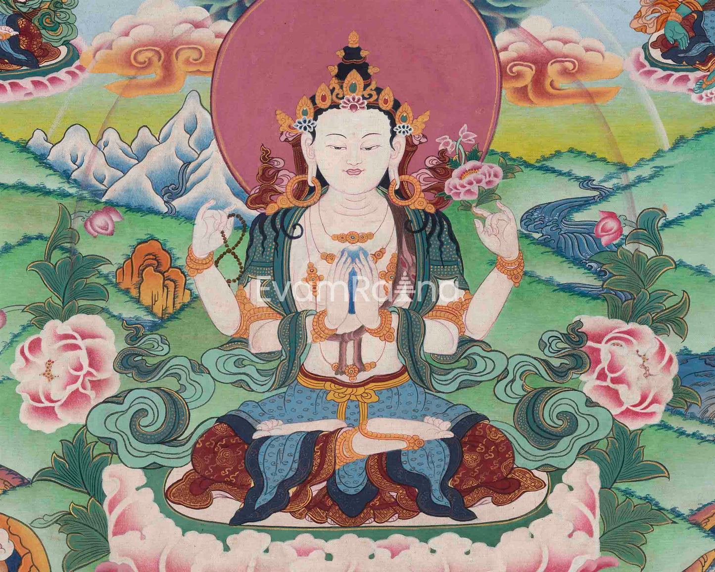 High-Quality Avalokiteshvara Mantra Practice Thangka Print | Chenrezig The Principle Patron Deity Of Tibet Wall Hanging