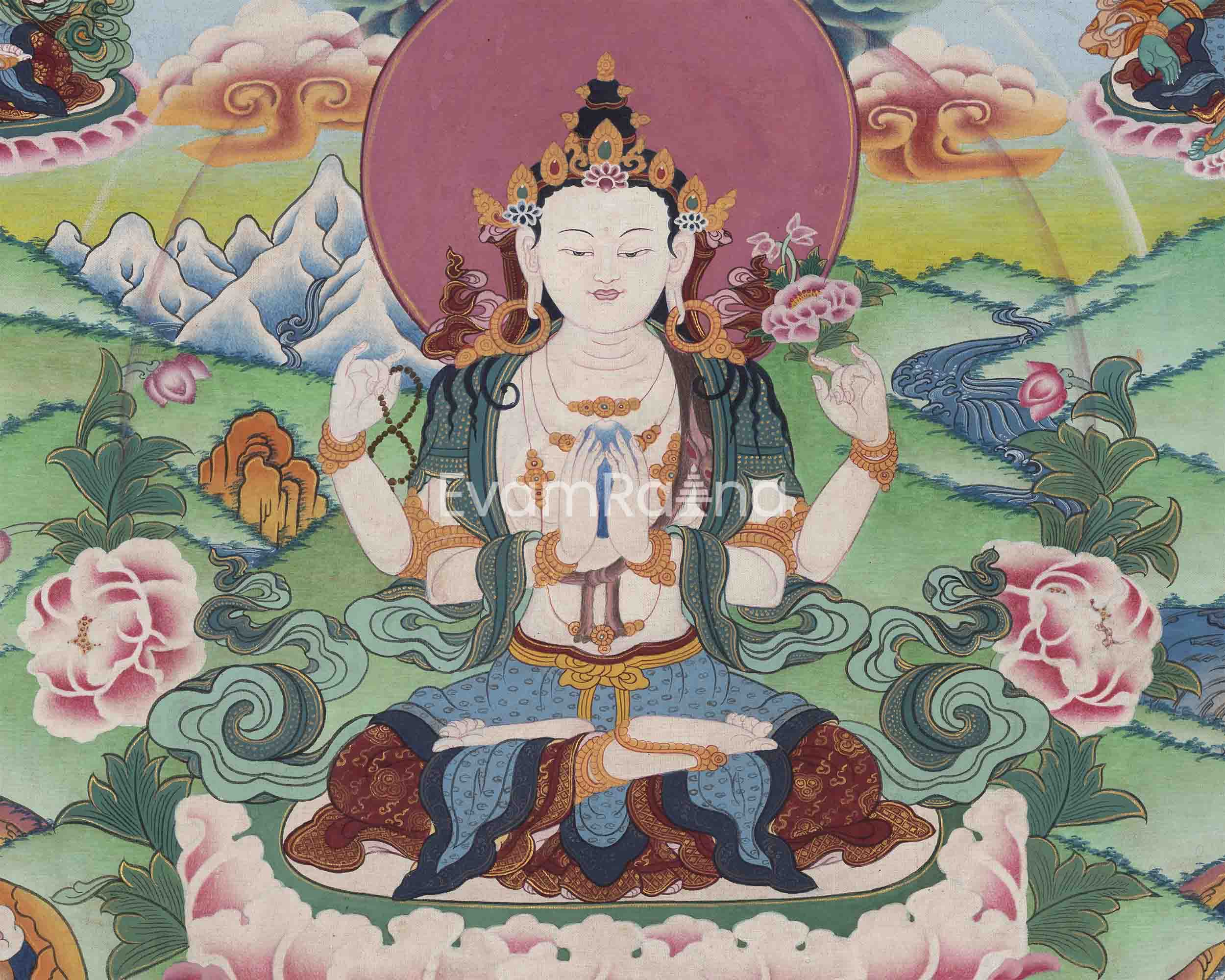 High-Quality Avalokiteshvara Mantra Practice Thangka Print | Chenrezig The Principle Patron Deity Of Tibet Wall Hanging