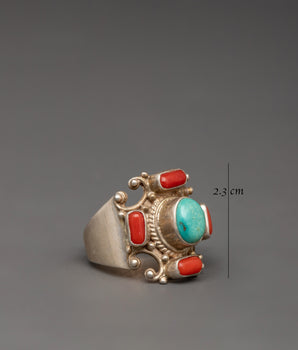 Silver Tibetan Ring | Ring with Turquoise and Coral
