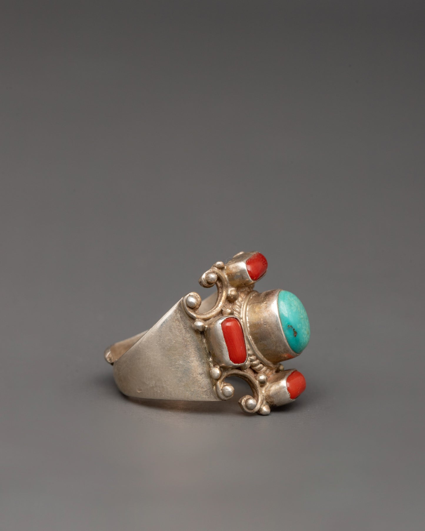 Silver Tibetan Ring | Ring with Turquoise and Coral