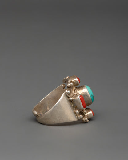 Silver Tibetan Ring | Ring with Turquoise and Coral