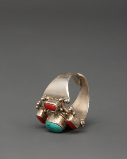 Silver Tibetan Ring | Ring with Turquoise and Coral