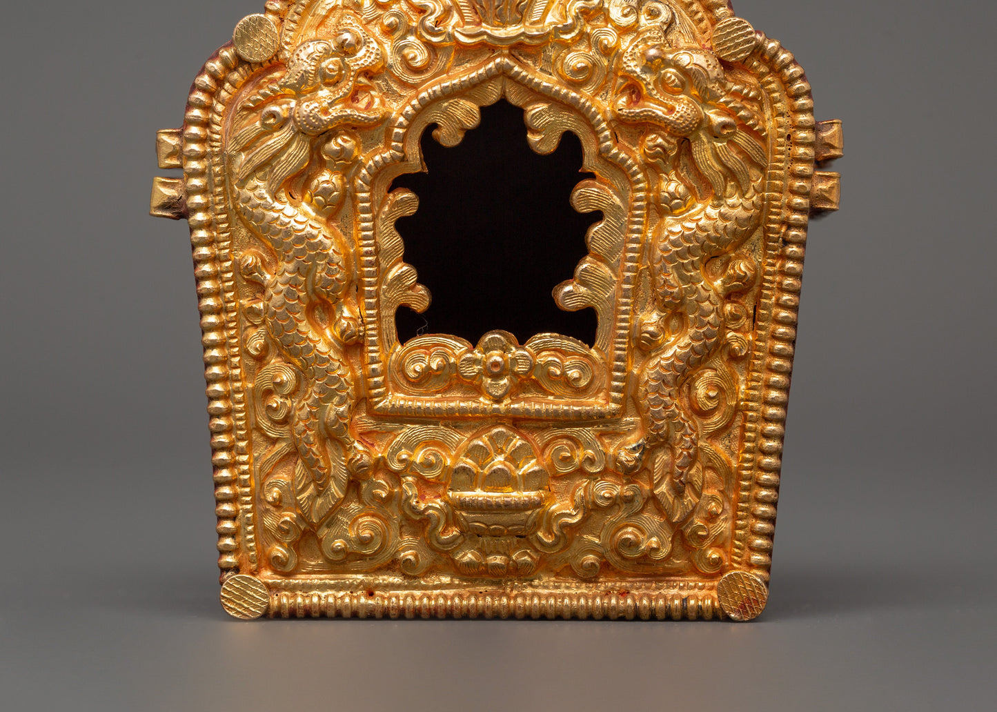 Tibetan Altar Ghau Box | Gold Plated Copper Box for Spiritual Use