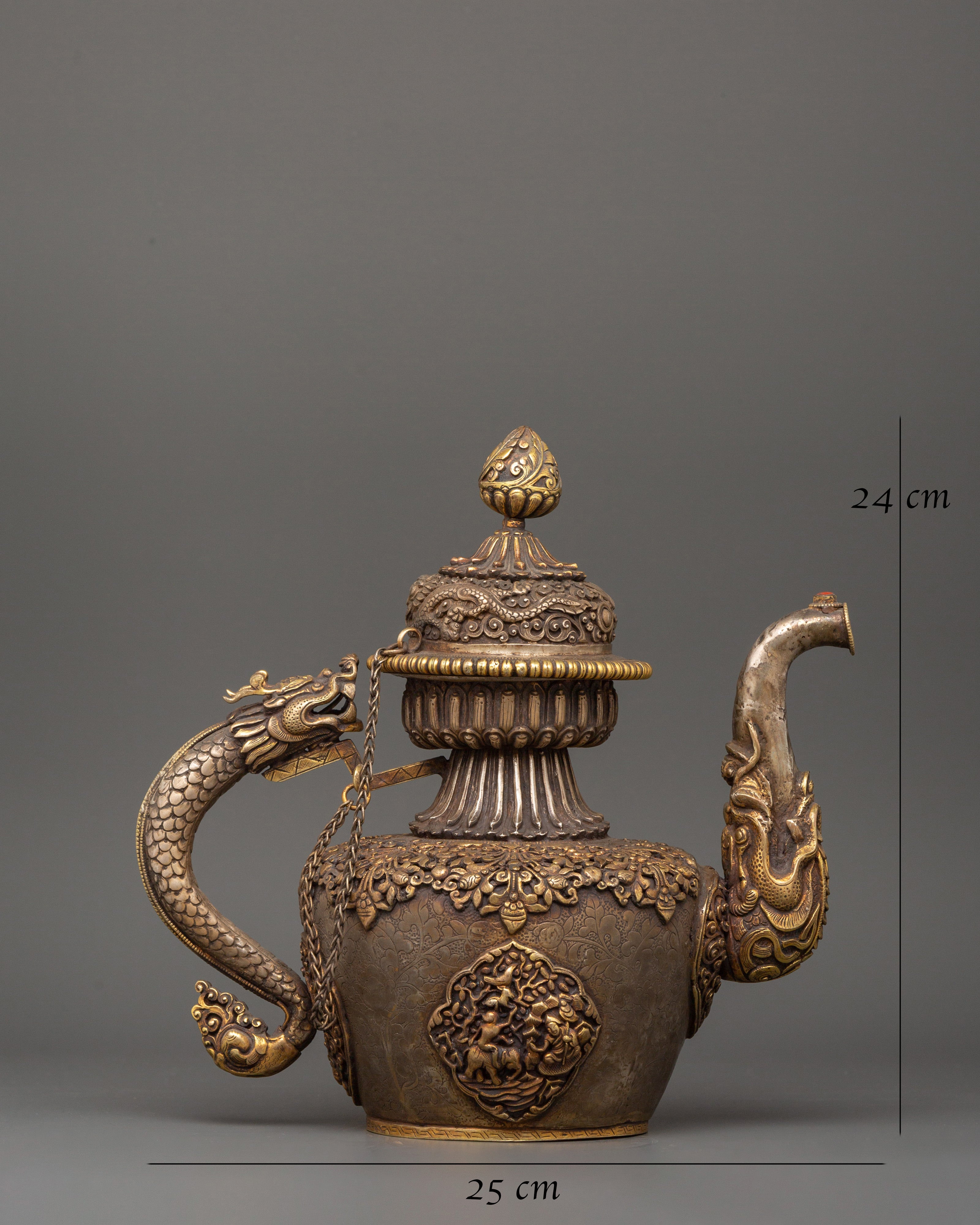 Tea Pot with Dragon Handle | Handcrafted Copper & Pure Silver with Gold Plating