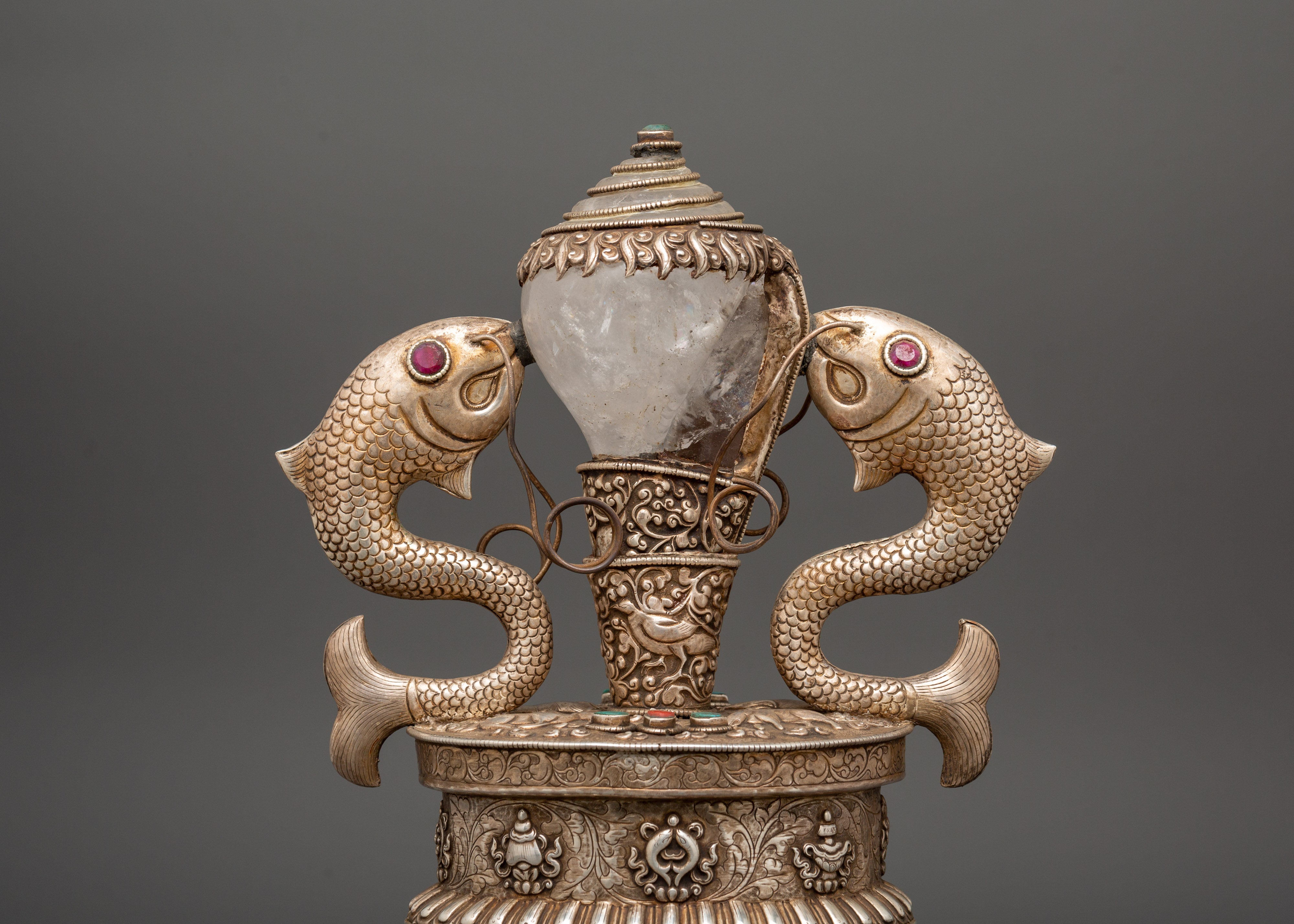 Conch with Auspicious Symbols | Handcrafted Silver & Crystal Tibetan Ritual Item
