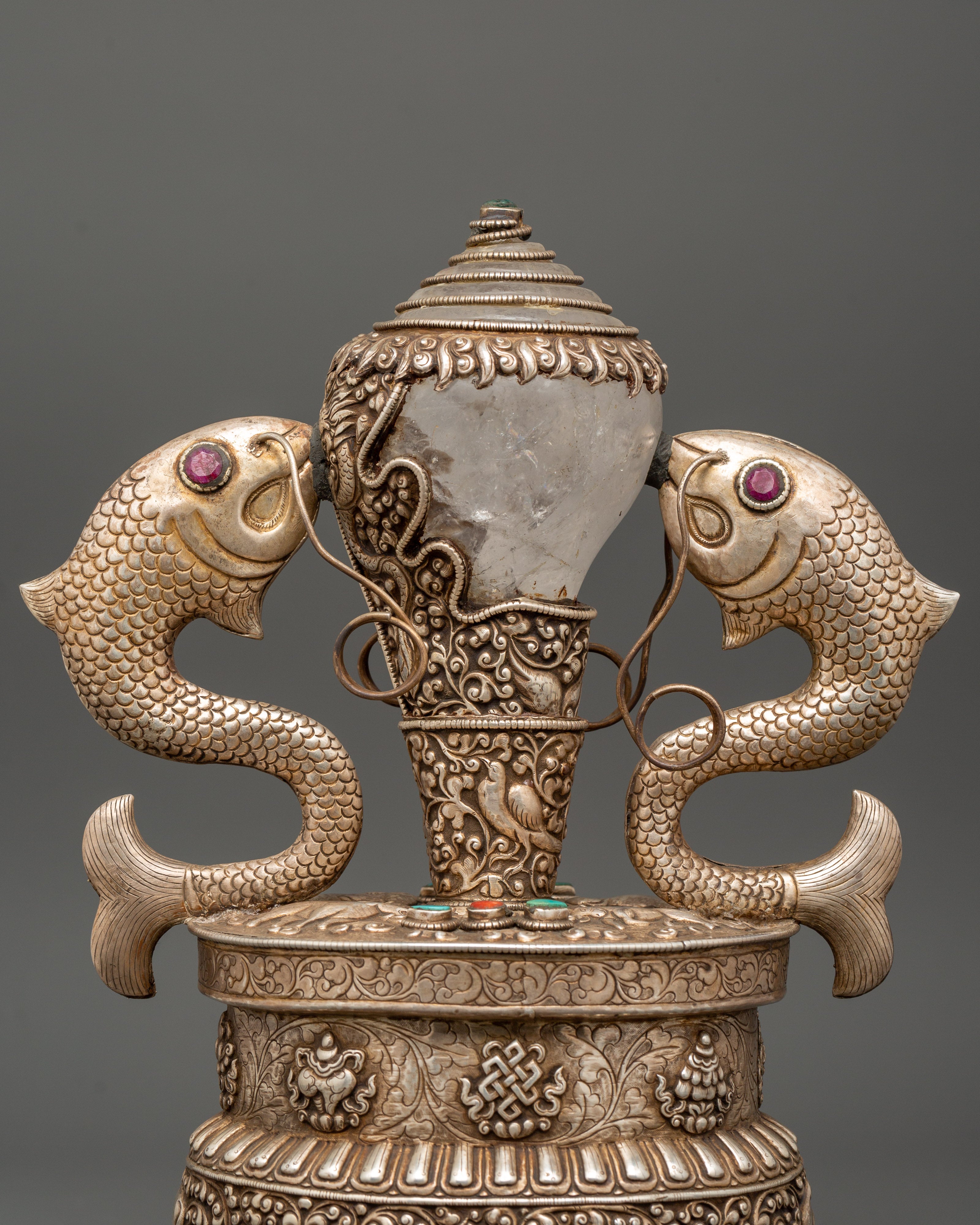 Conch with Auspicious Symbols | Handcrafted Silver & Crystal Tibetan Ritual Item