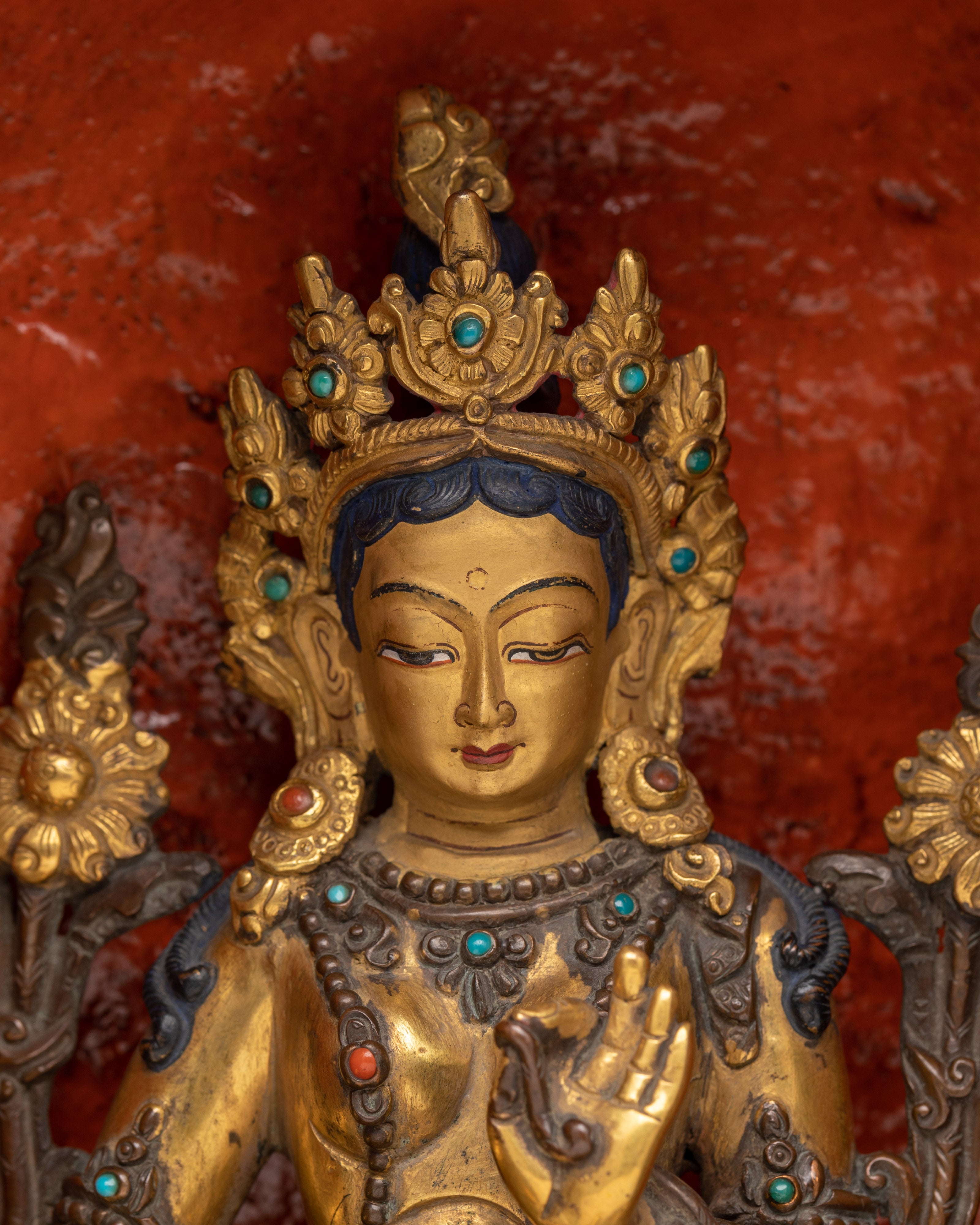 Vintage 25+ year old Green Tara Sculpture With Wooden Throne | Buddhist Female Goddess