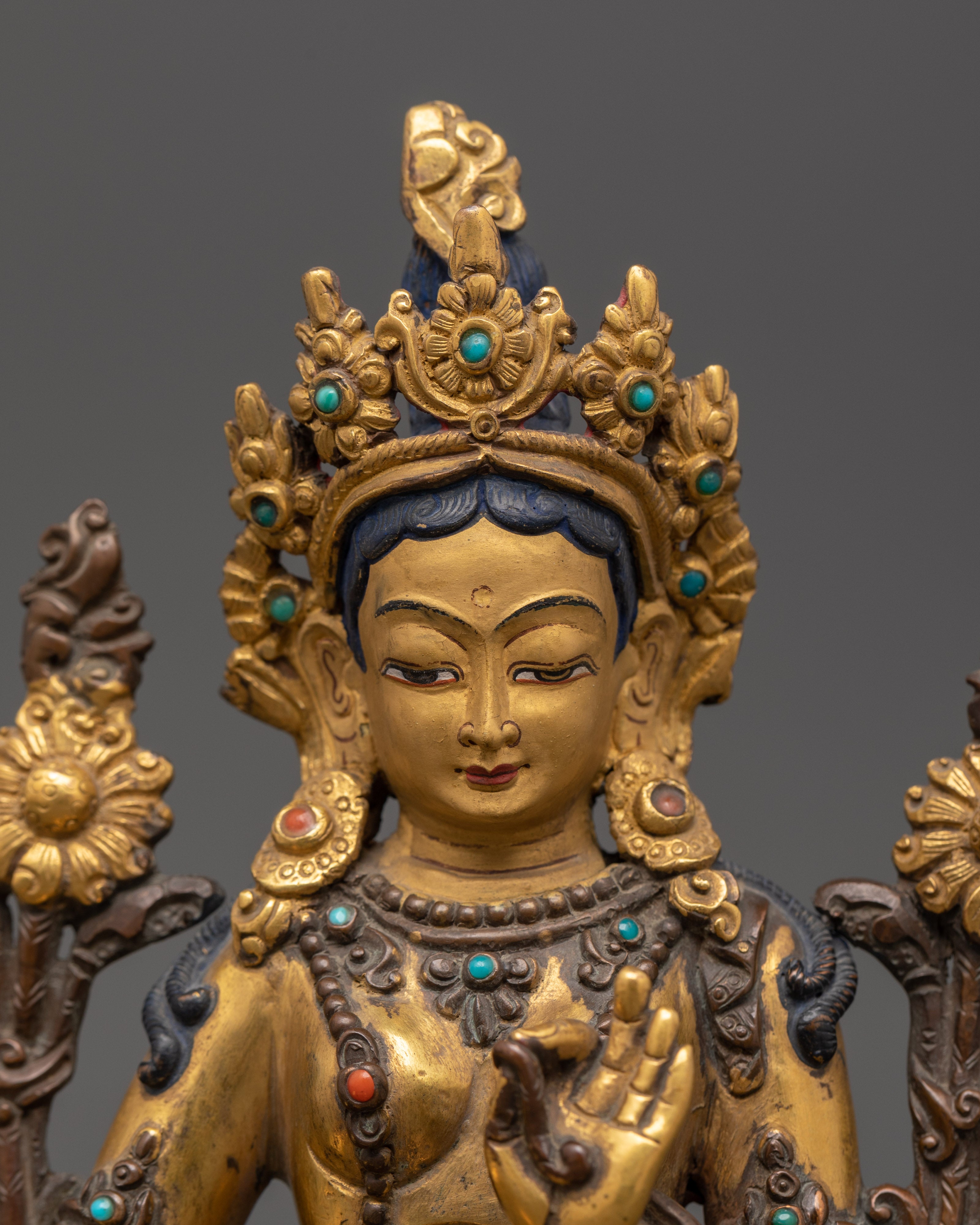Vintage 25+ year old Green Tara Sculpture With Wooden Throne | Buddhist Female Goddess