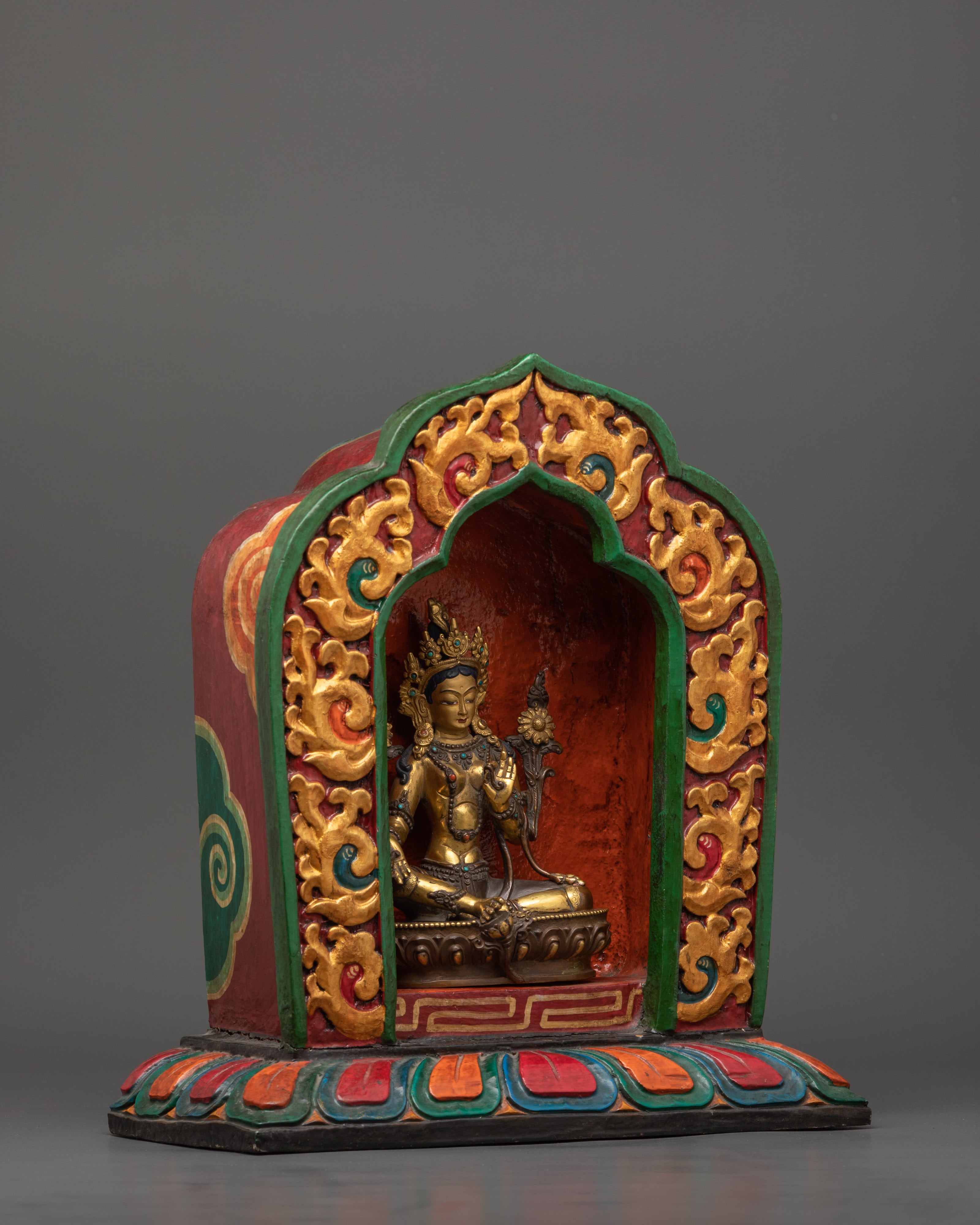 Vintage 25+ year old Green Tara Sculpture With Wooden Throne | Buddhist Female Goddess
