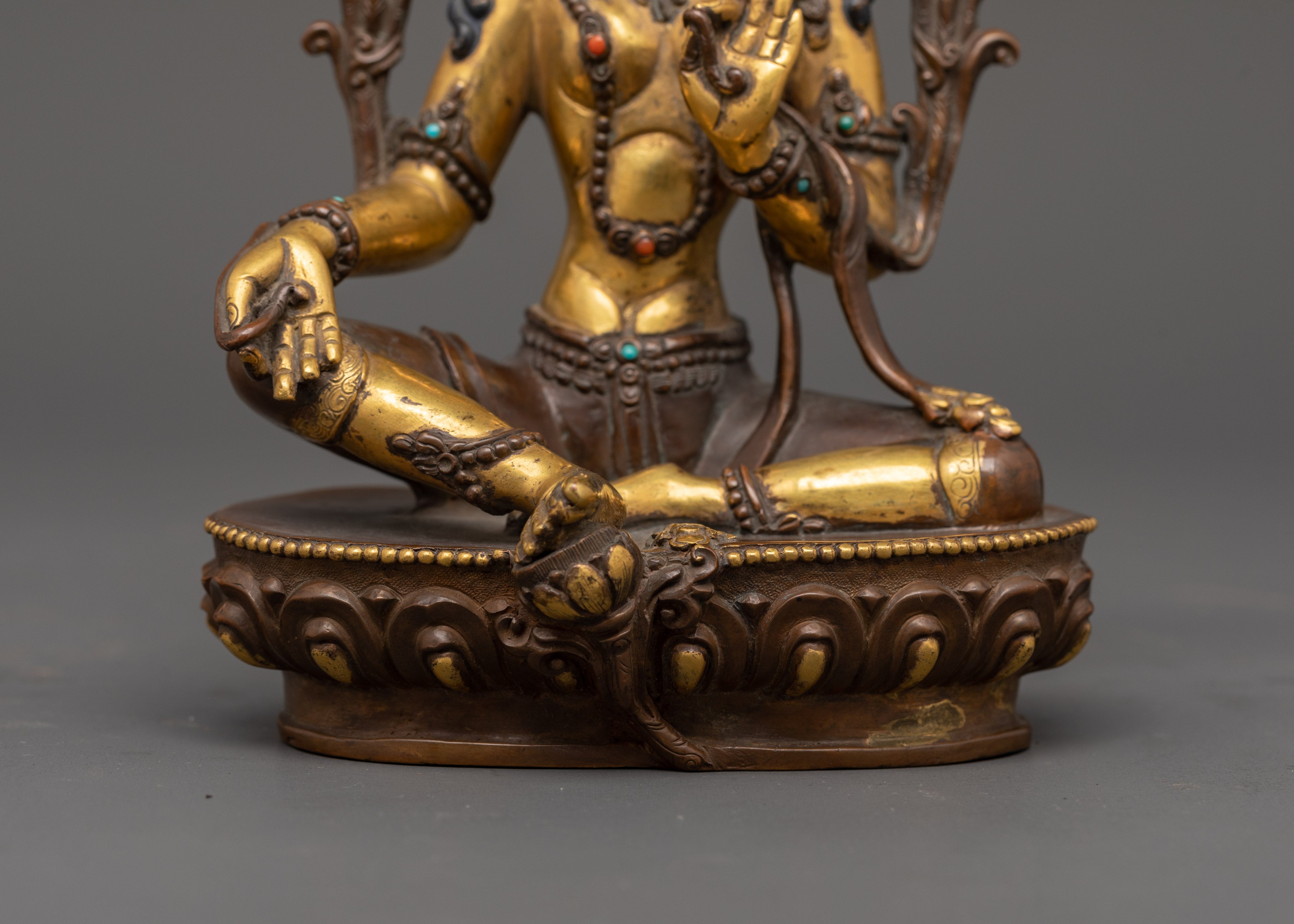 Vintage 25+ year old Green Tara Sculpture With Wooden Throne | Buddhist Female Goddess