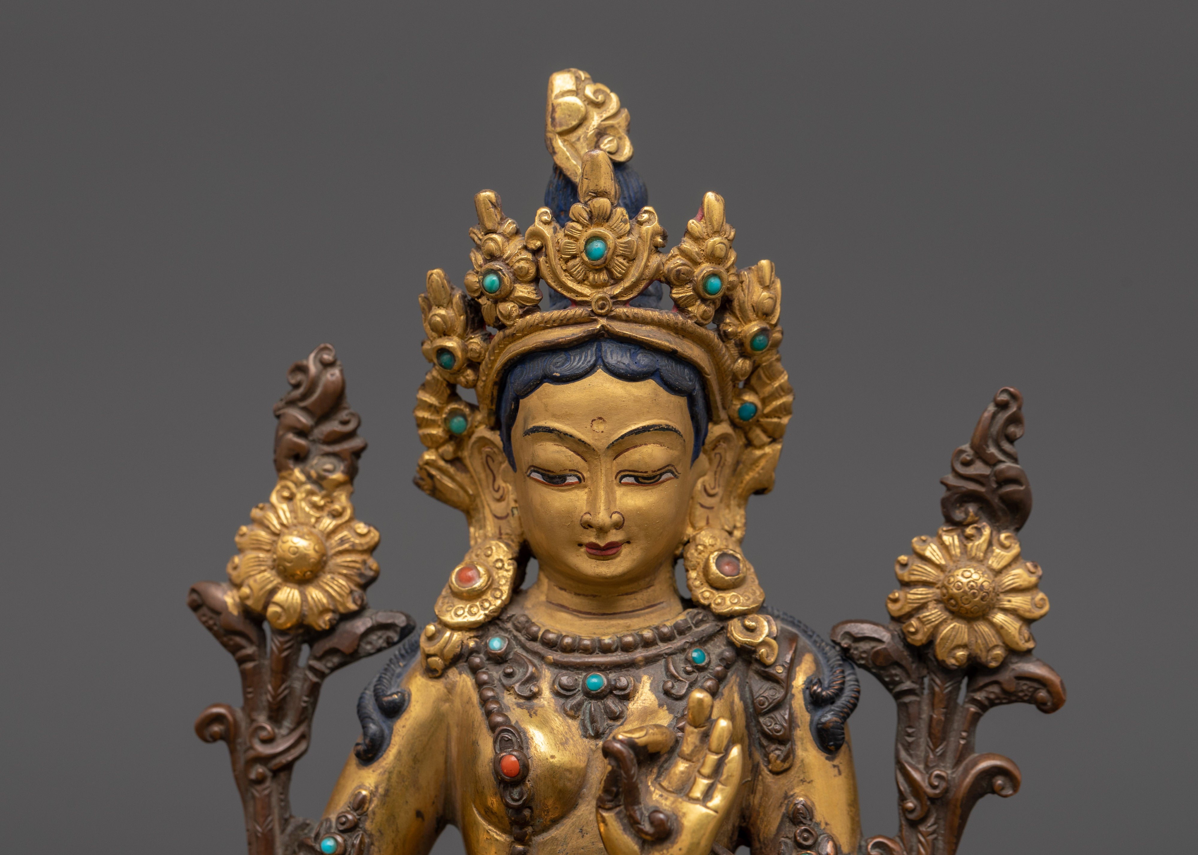 Vintage 25+ year old Green Tara Sculpture With Wooden Throne | Buddhist Female Goddess