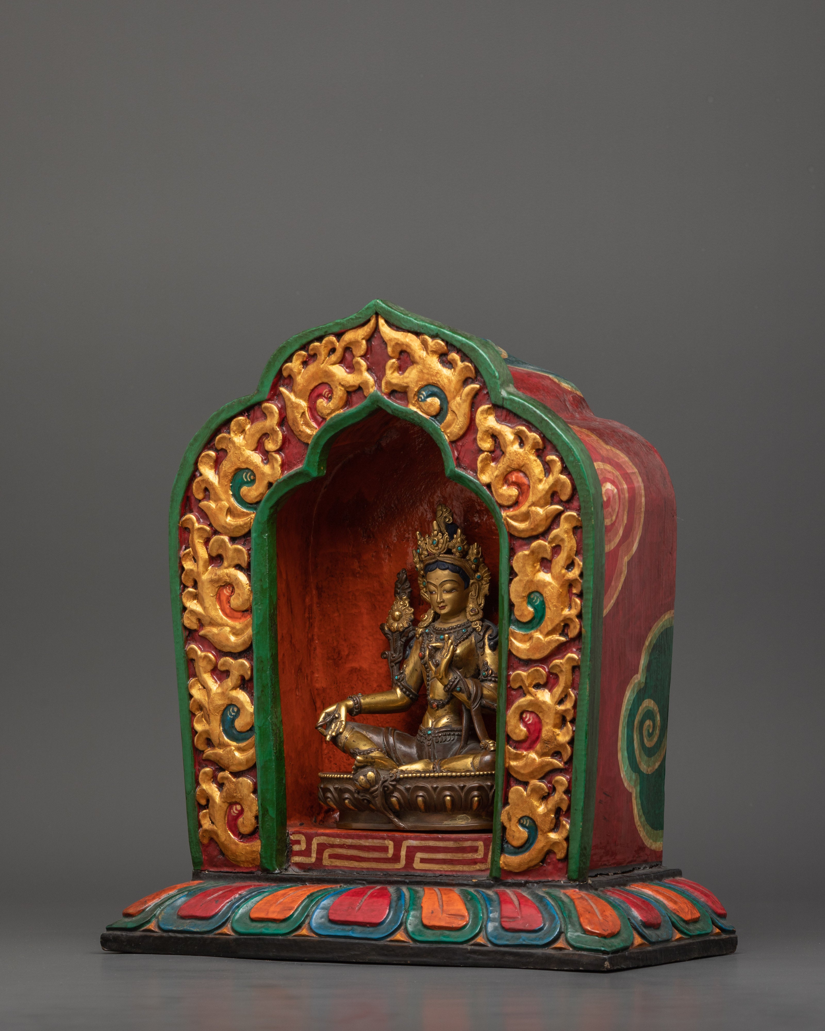 Vintage 25+ year old Green Tara Sculpture With Wooden Throne | Buddhist Female Goddess