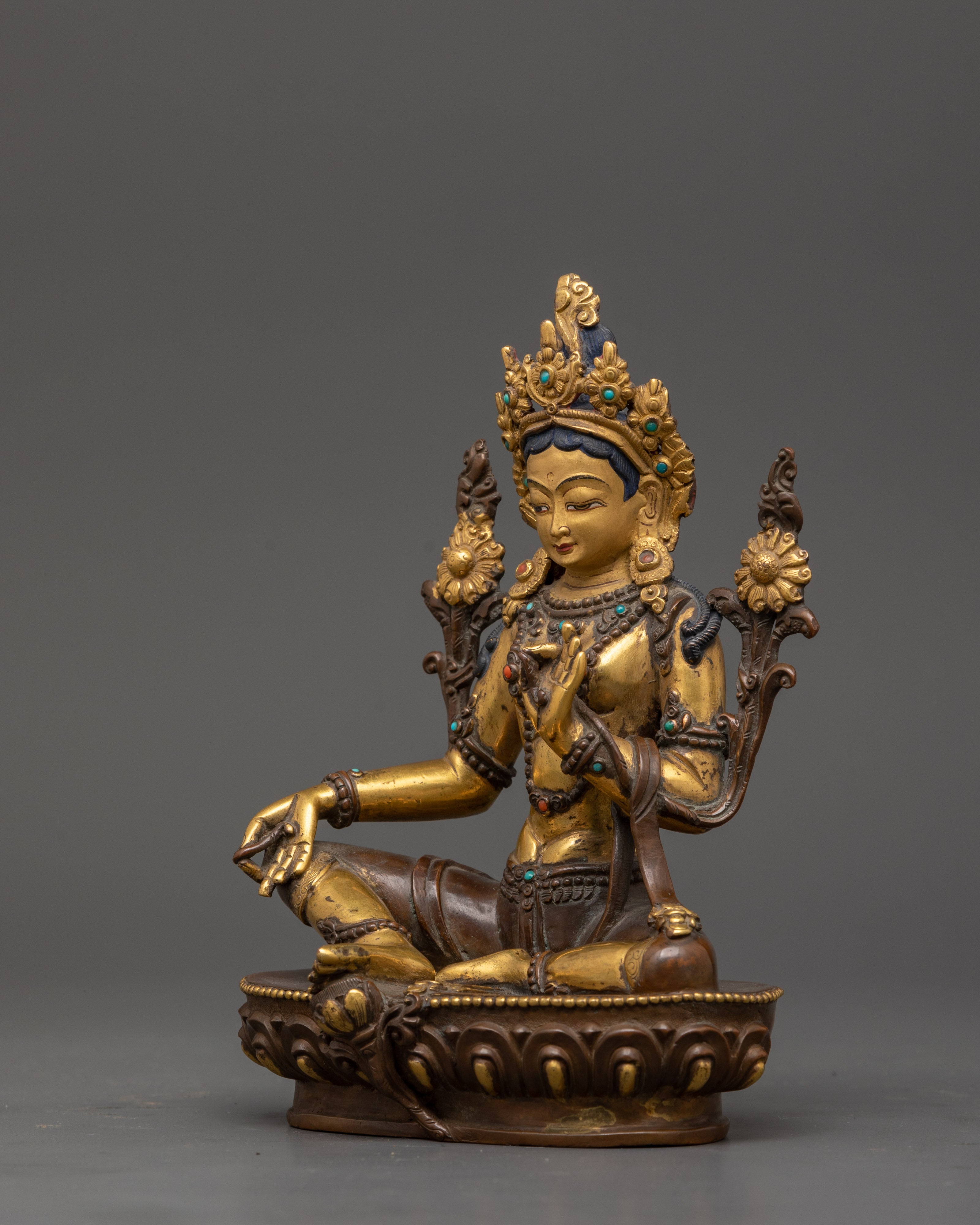 Vintage 25+ year old Green Tara Sculpture With Wooden Throne | Buddhist Female Goddess