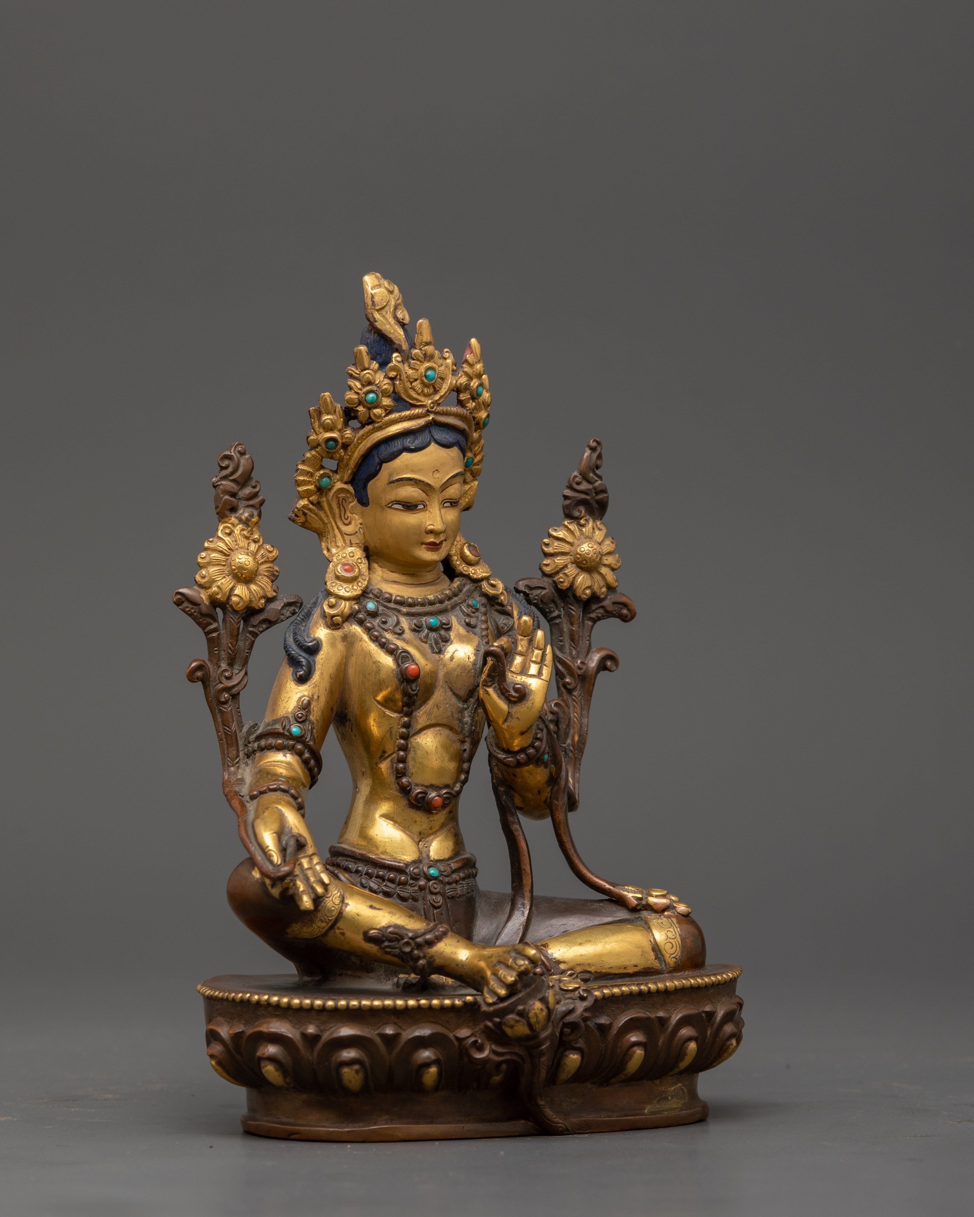 Vintage 25+ year old Green Tara Sculpture With Wooden Throne | Buddhist Female Goddess