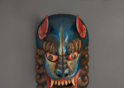 Snow Lion Wooden Wall Hanging | Tibetan Guardian Mask