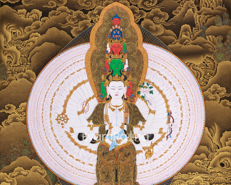 Namo Avalokiteshvara Thangka | Buddha of Compassion with Pure Gold Detailing