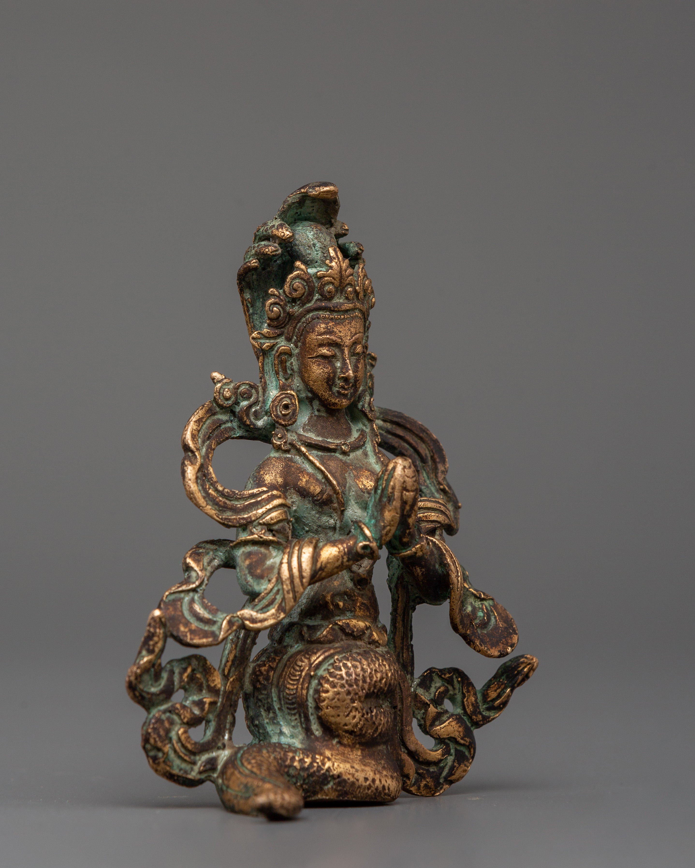 Naga Kanya Buddhist Sculpture of Serpent Goddess | Copper with Antique Finishing