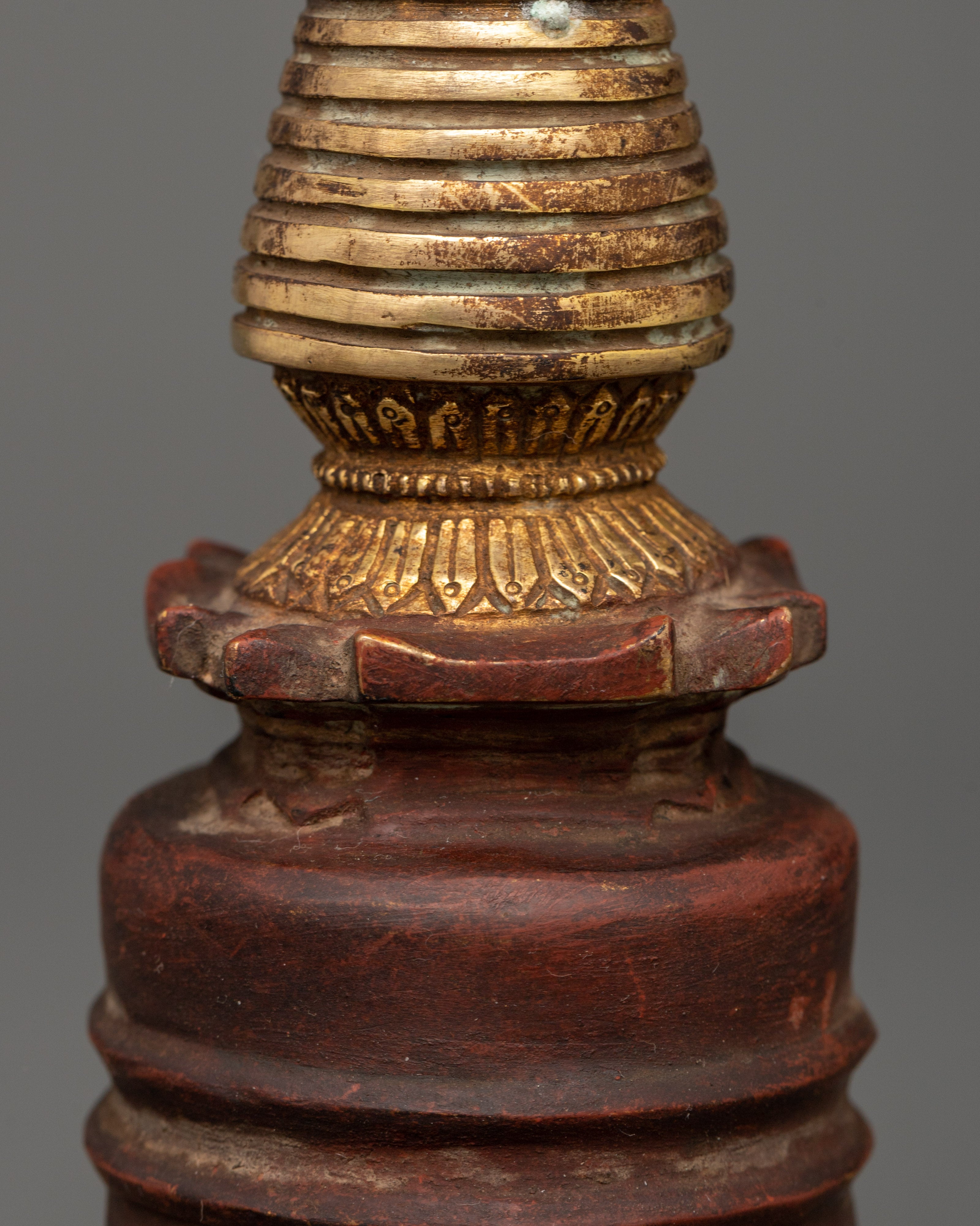 Oxidized Copper Stupa with Gold Plating | Antique Finish Buddhist Sacred Symbol