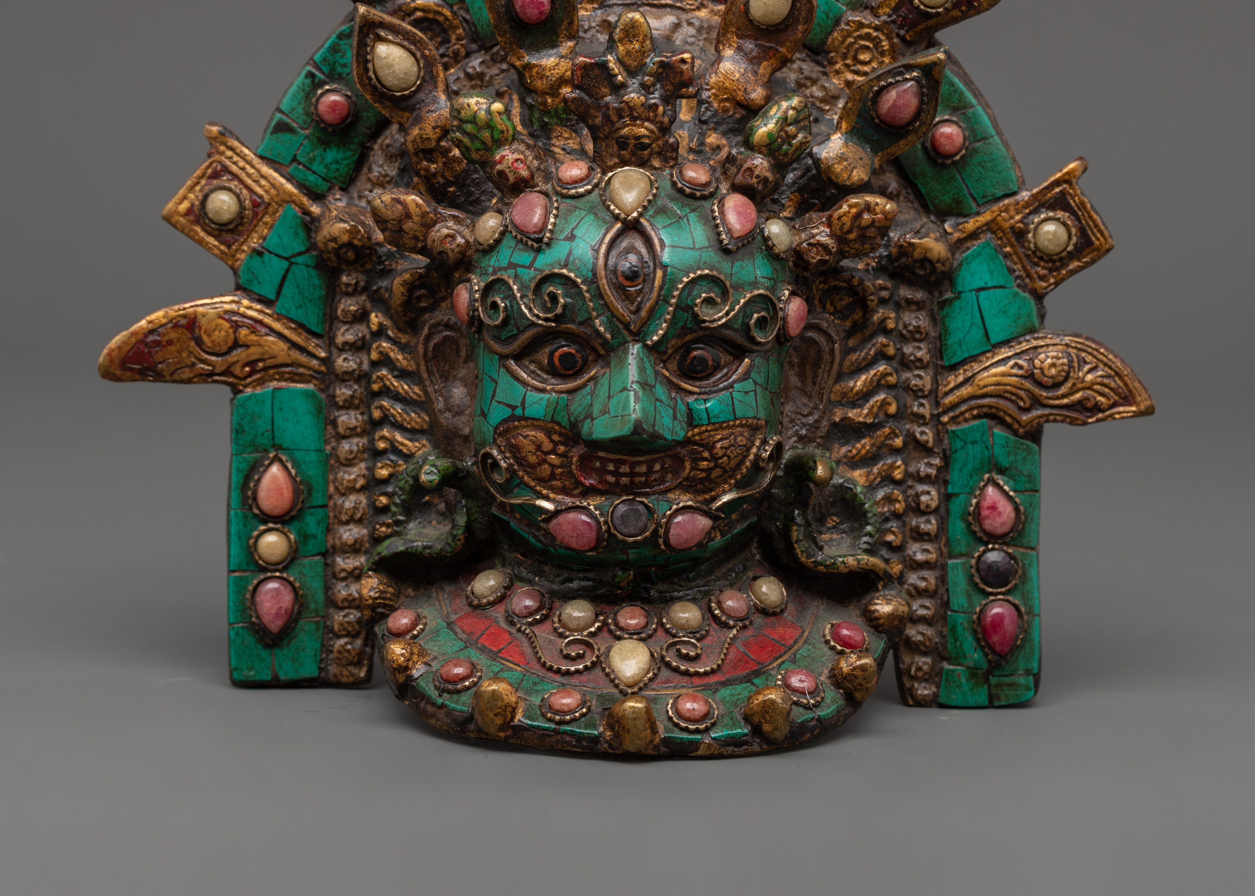 Turquoise Coral Wall Hanging Mask | Brass Decor for Sacred Spaces