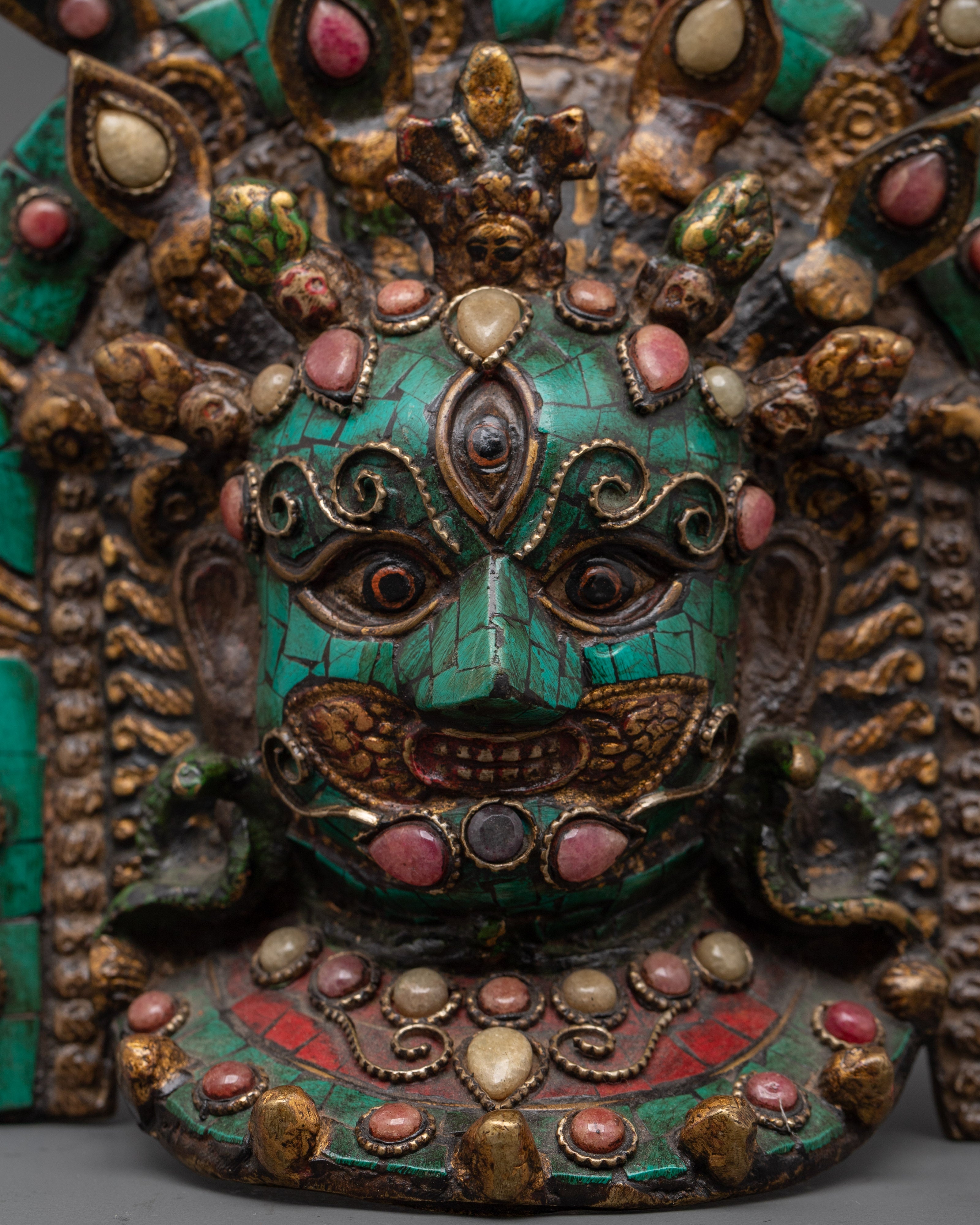 Turquoise Coral Wall Hanging Mask | Brass Decor for Sacred Spaces