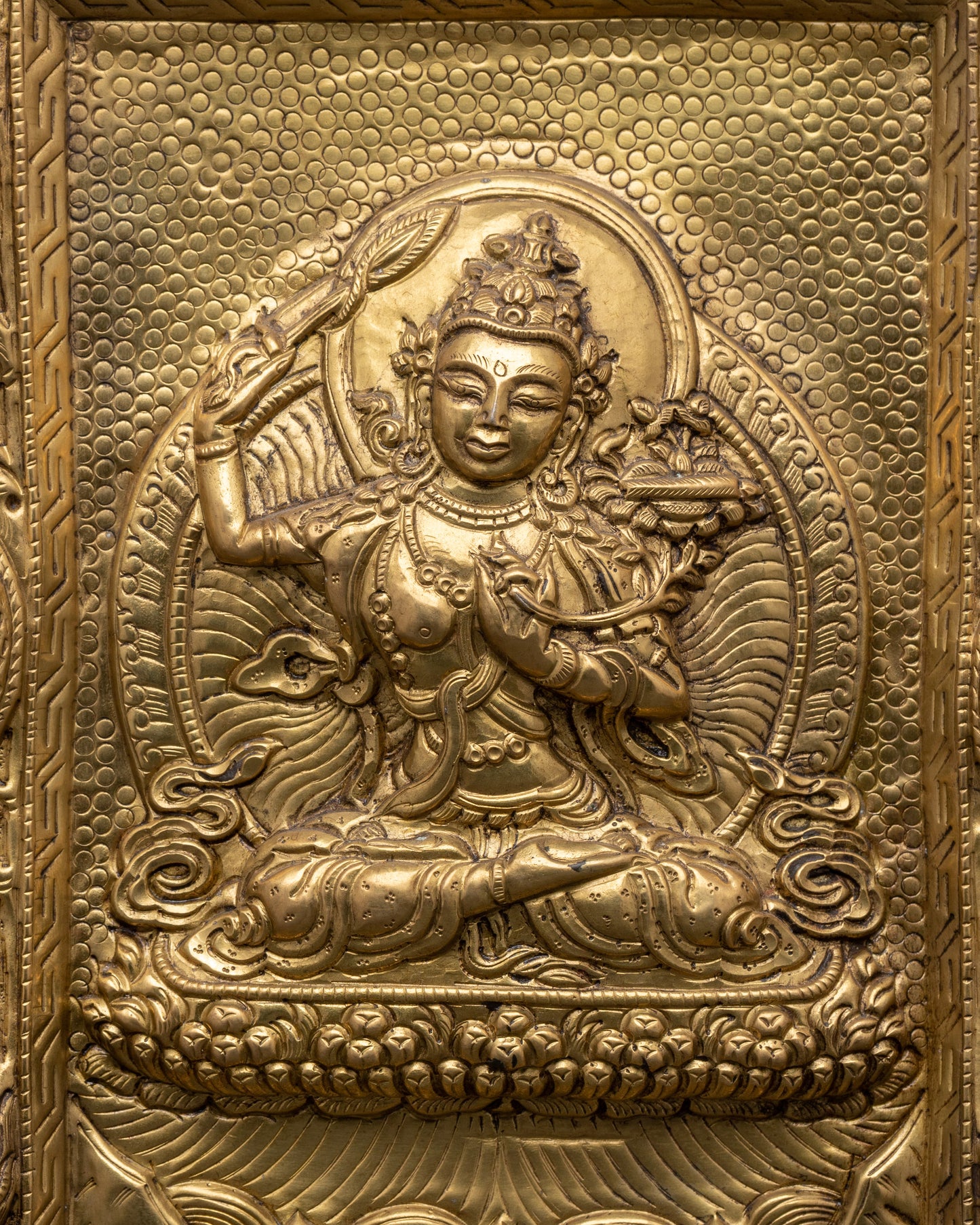 Brass Metal Thangka with Manjushri Carved | Bodhisattva of Knowledge and Wisdom