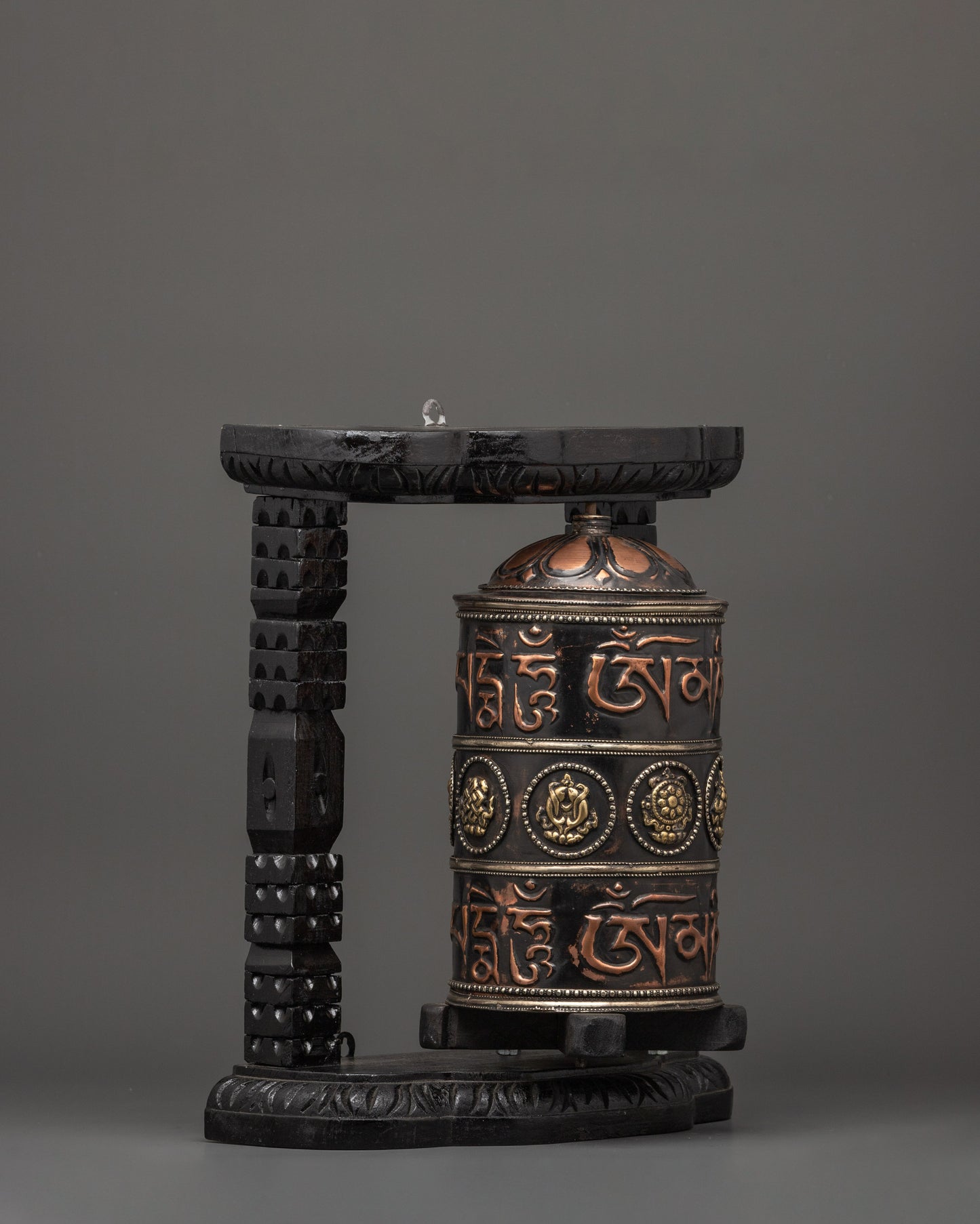 Traditionally Carved Prayer Wheel | Tibetan Buddhist Altar Spinner