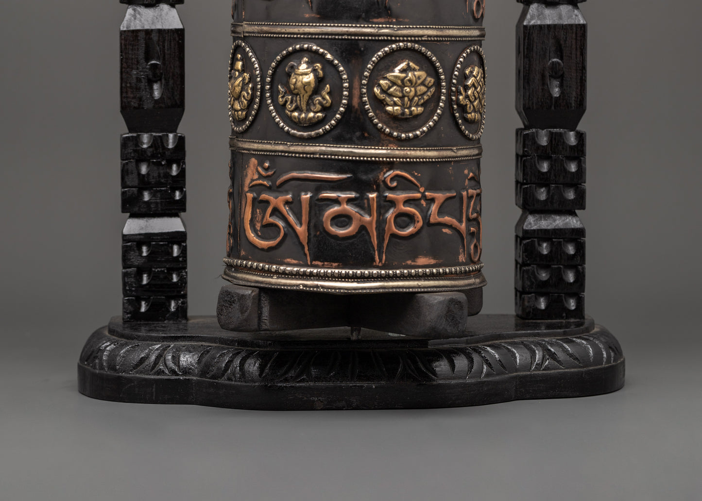 Traditionally Carved Prayer Wheel | Tibetan Buddhist Altar Spinner