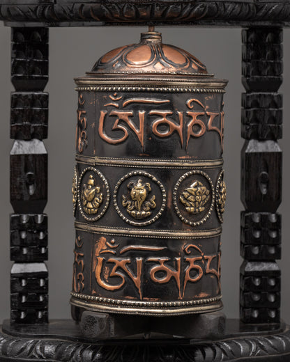 Traditionally Carved Prayer Wheel | Tibetan Buddhist Altar Spinner