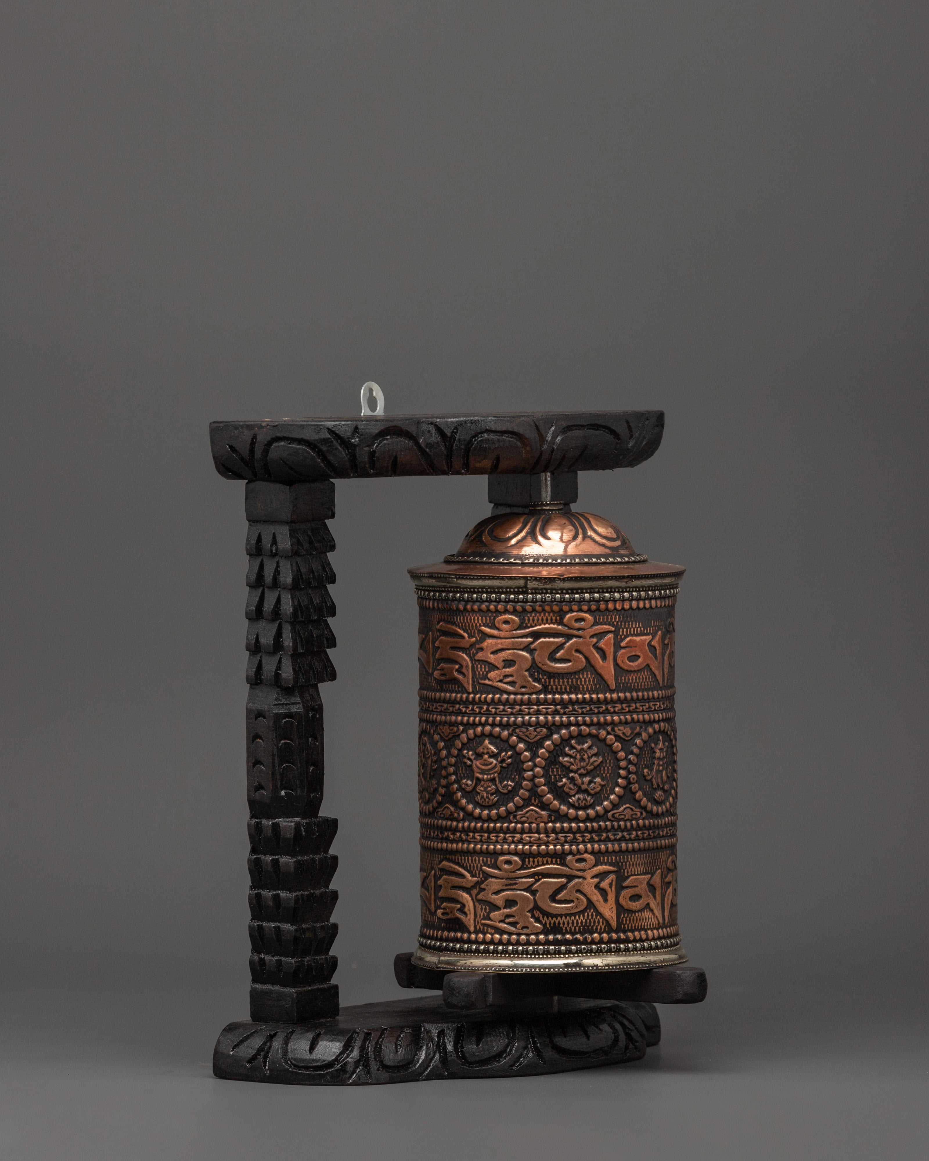 Copper Tibetan Prayer Wheel in Wood Frame | Buddhist Ritual and Meditation Tool