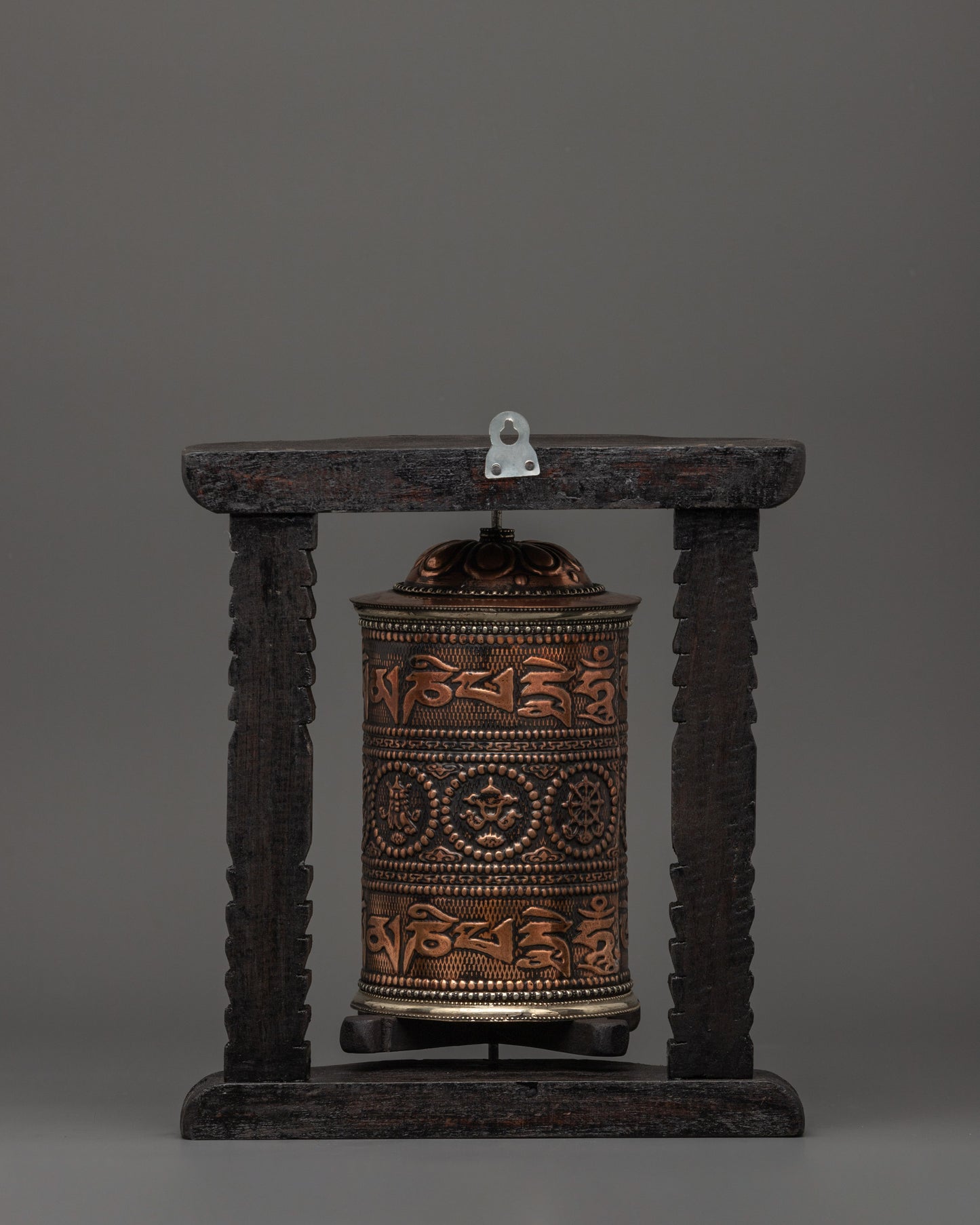 copper Tibetan Prayer Wheel in wood frame | Buddhist Ritual and Meditation Tool