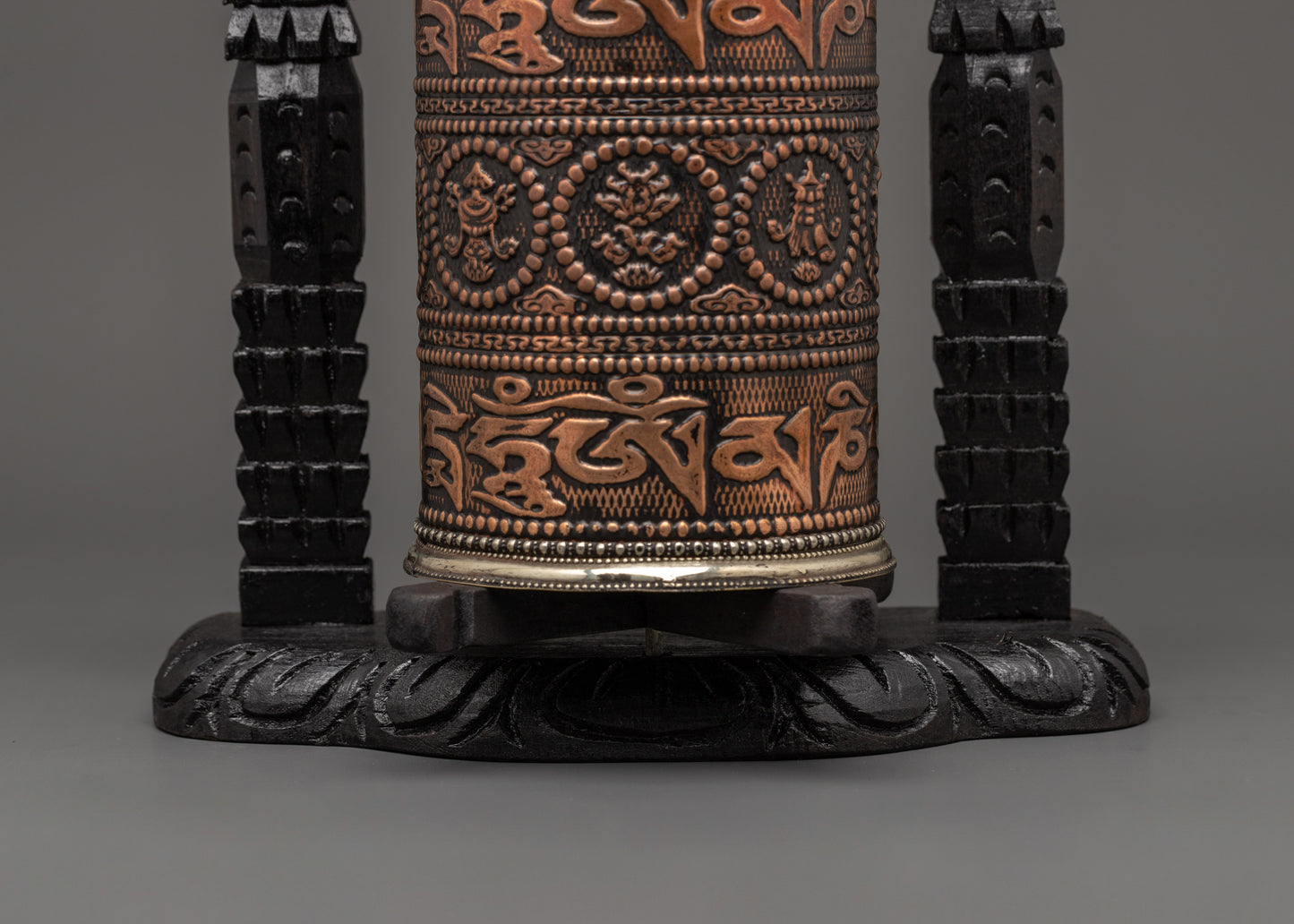 copper Tibetan Prayer Wheel in wood frame | Buddhist Ritual and Meditation Tool