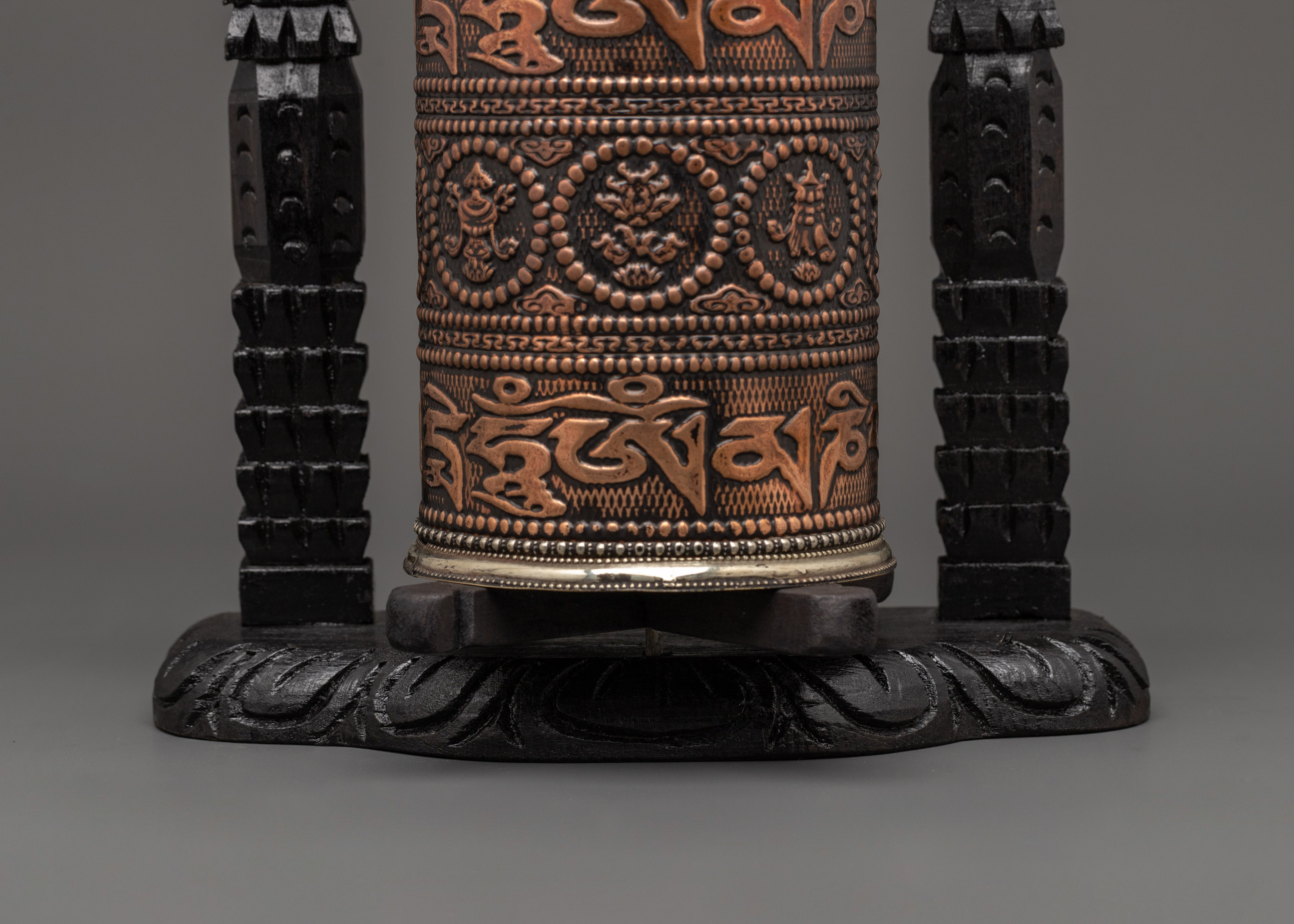 Copper Tibetan Prayer Wheel in Wood Frame | Buddhist Ritual and Meditation Tool