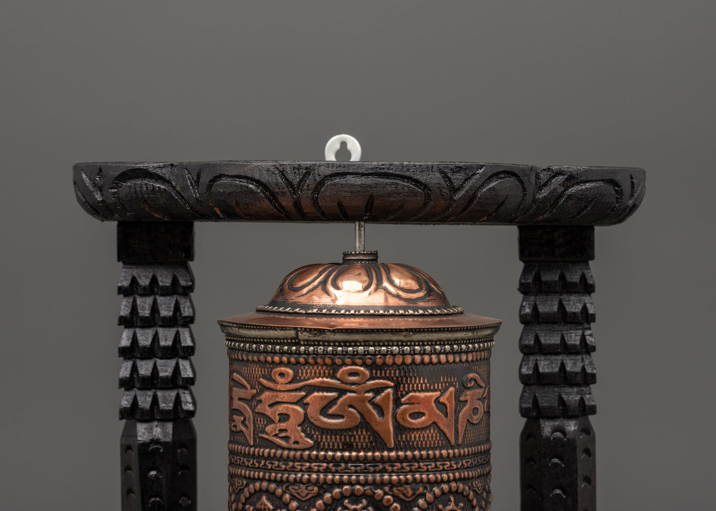 copper Tibetan Prayer Wheel in wood frame | Buddhist Ritual and Meditation Tool