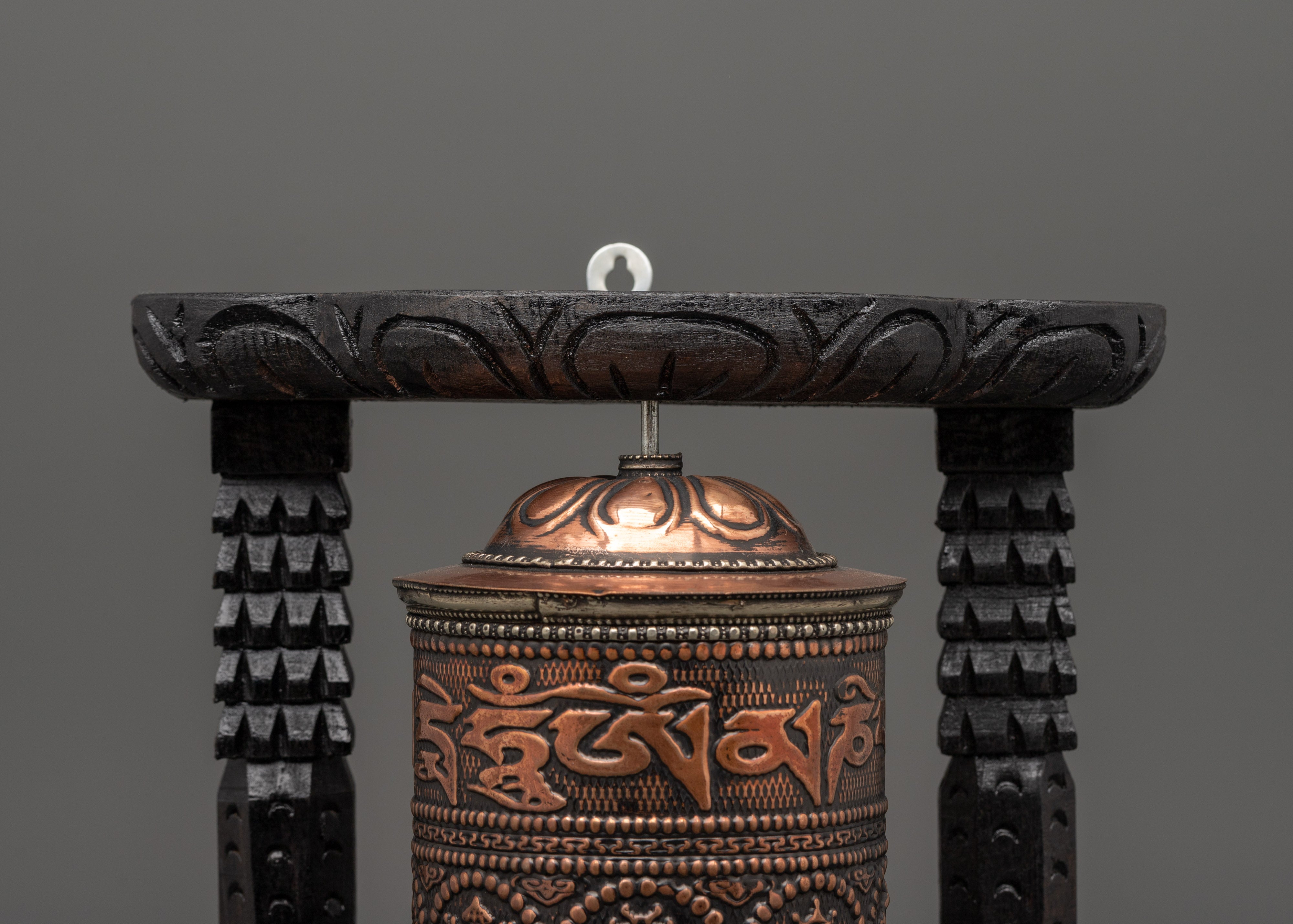 Copper Tibetan Prayer Wheel in Wood Frame | Buddhist Ritual and Meditation Tool
