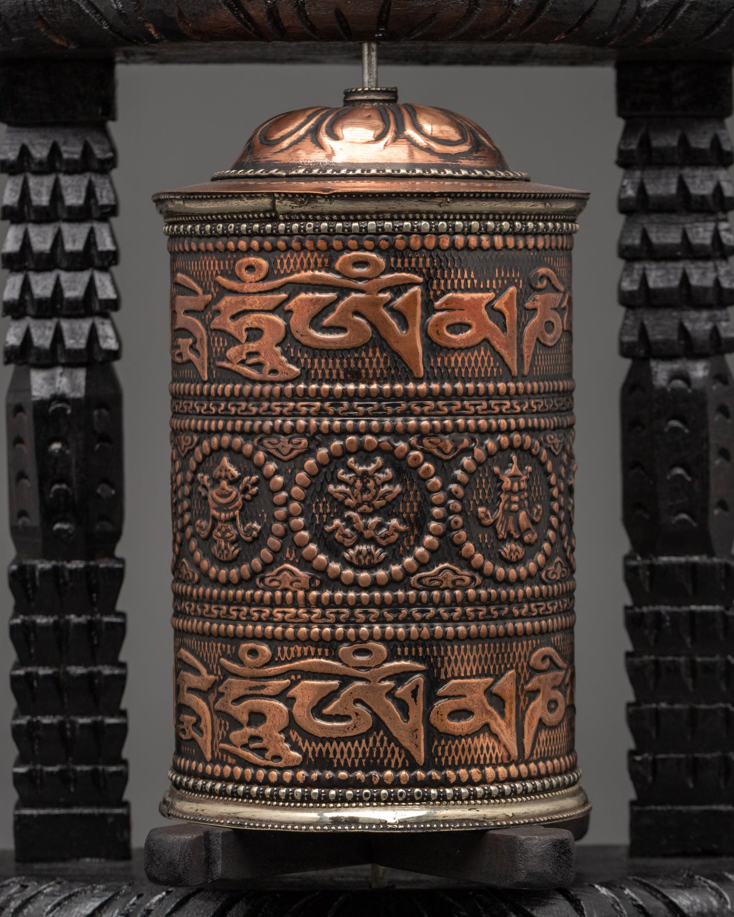 copper Tibetan Prayer Wheel in wood frame | Buddhist Ritual and Meditation Tool