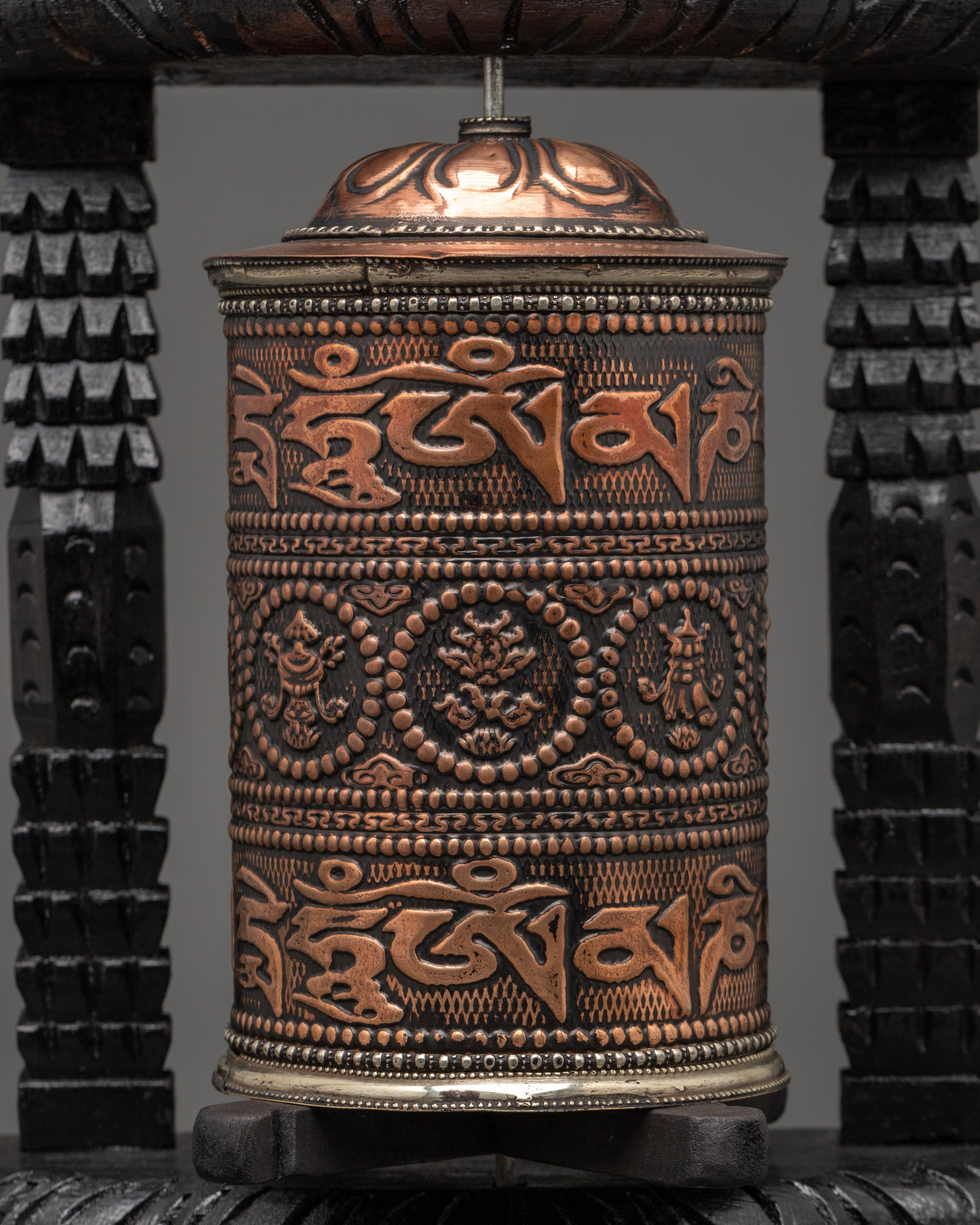 Copper Tibetan Prayer Wheel in Wood Frame | Buddhist Ritual and Meditation Tool