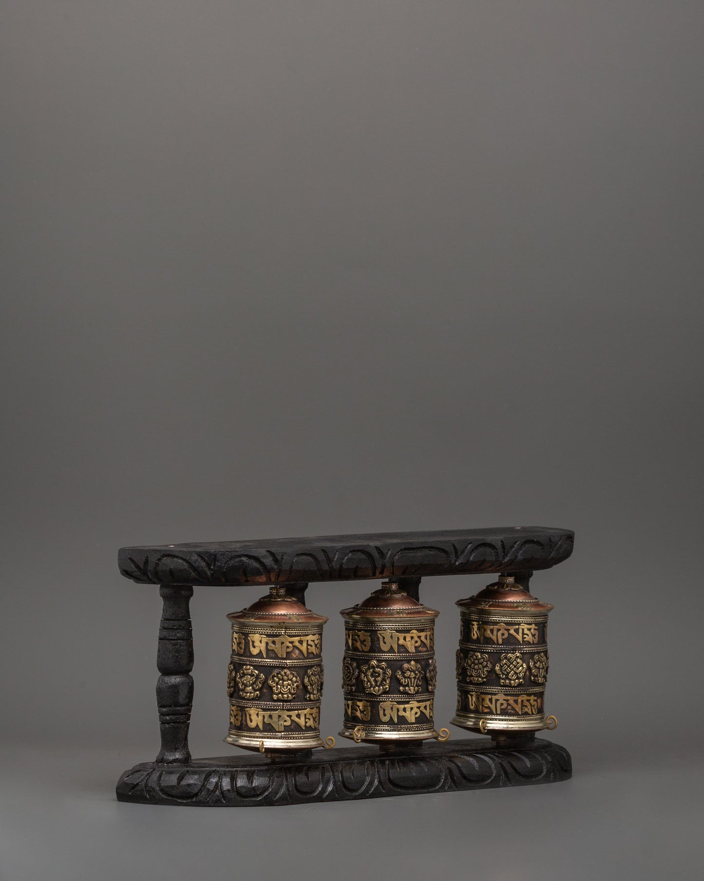 Triple Tibetan Prayer Wheel Set | Buddhist Altar Decor