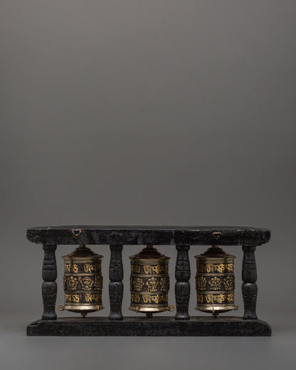 Triple Tibetan Prayer Wheel Set | Buddhist Altar Decor