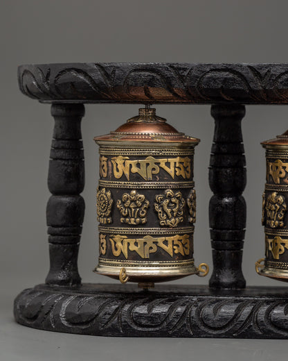 Triple Tibetan Prayer Wheel Set | Buddhist Altar Decor