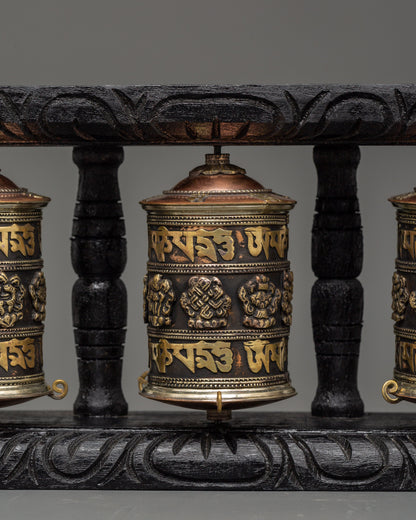 Triple Tibetan Prayer Wheel Set | Buddhist Altar Decor