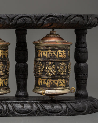 Triple Tibetan Prayer Wheel Set | Buddhist Altar Decor