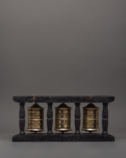 Triple Tibetan Prayer Wheel Set | Buddhist Meditation Decor Piece