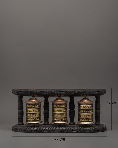 Triple Tibetan Prayer Wheel Set | Buddhist Meditation Decor Piece