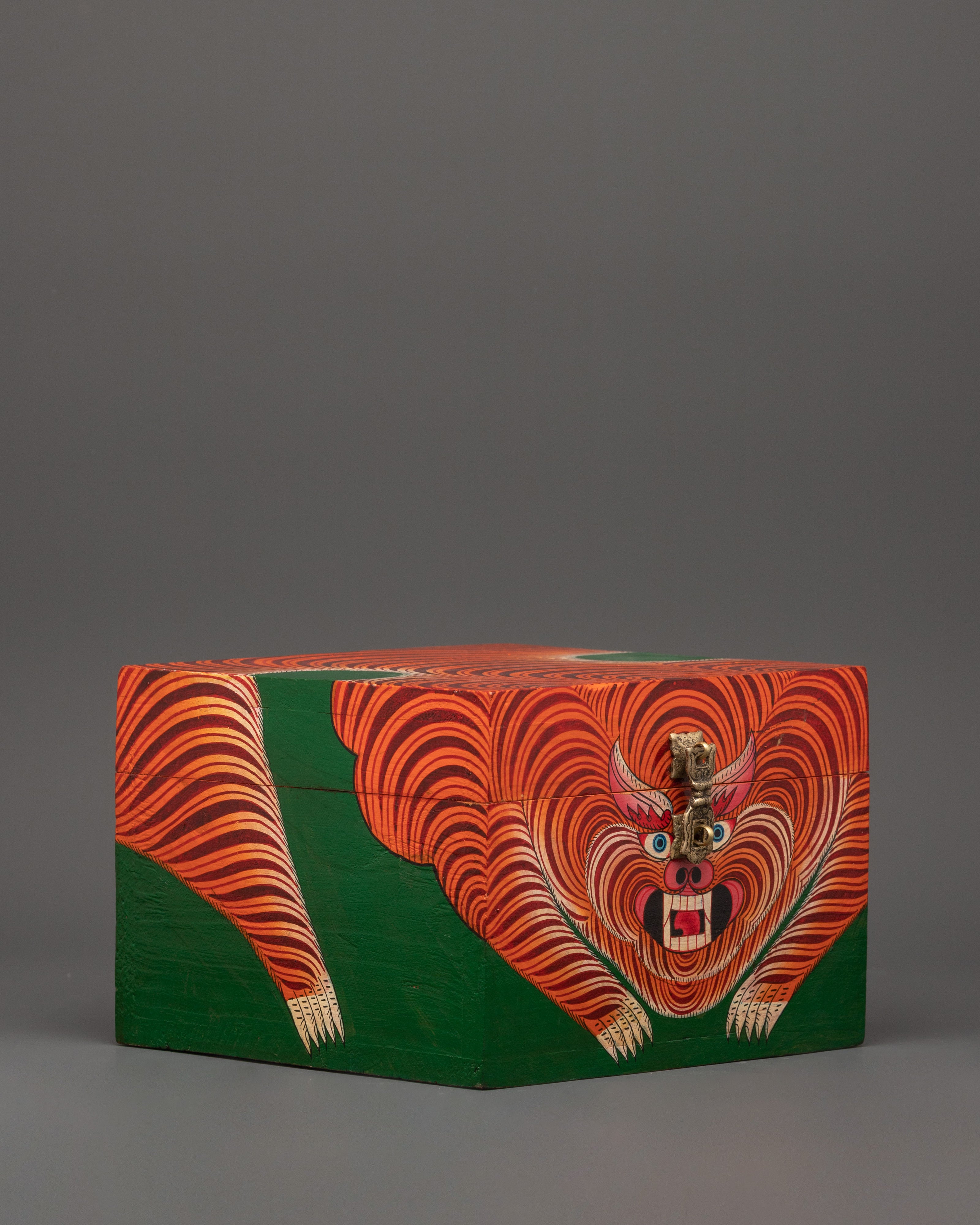 Hand-Painted Tibetan Tiger Box | Red Color Ritual Storage