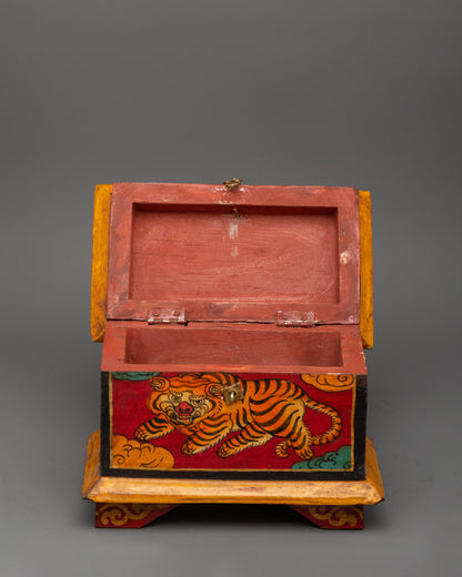 Hand-Painted Wooden Tiger Box | Tibetan Spiritual Storage Chest