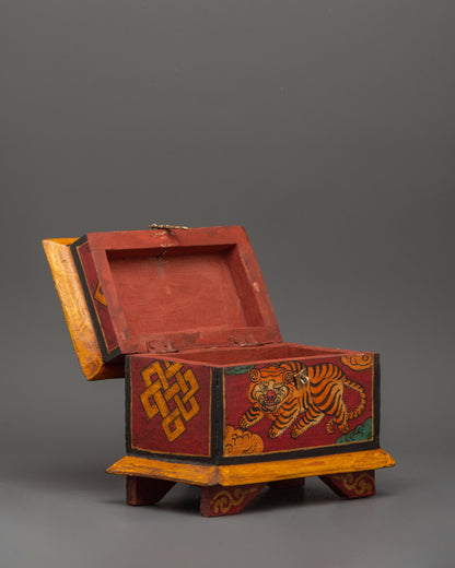 Hand-Painted Wooden Tiger Box | Tibetan Spiritual Storage Chest