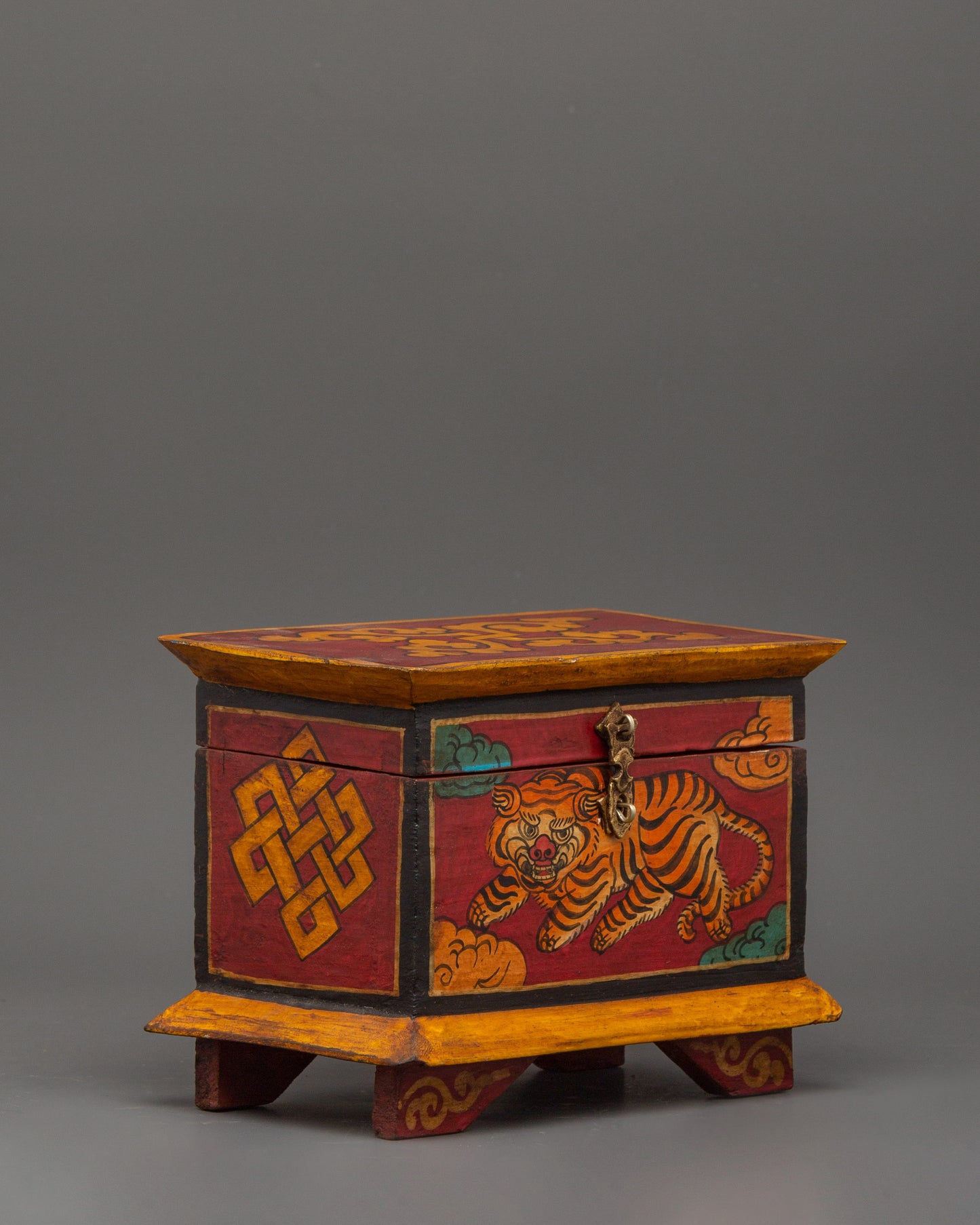 Hand-Painted Wooden Tiger Box | Tibetan Spiritual Storage Chest